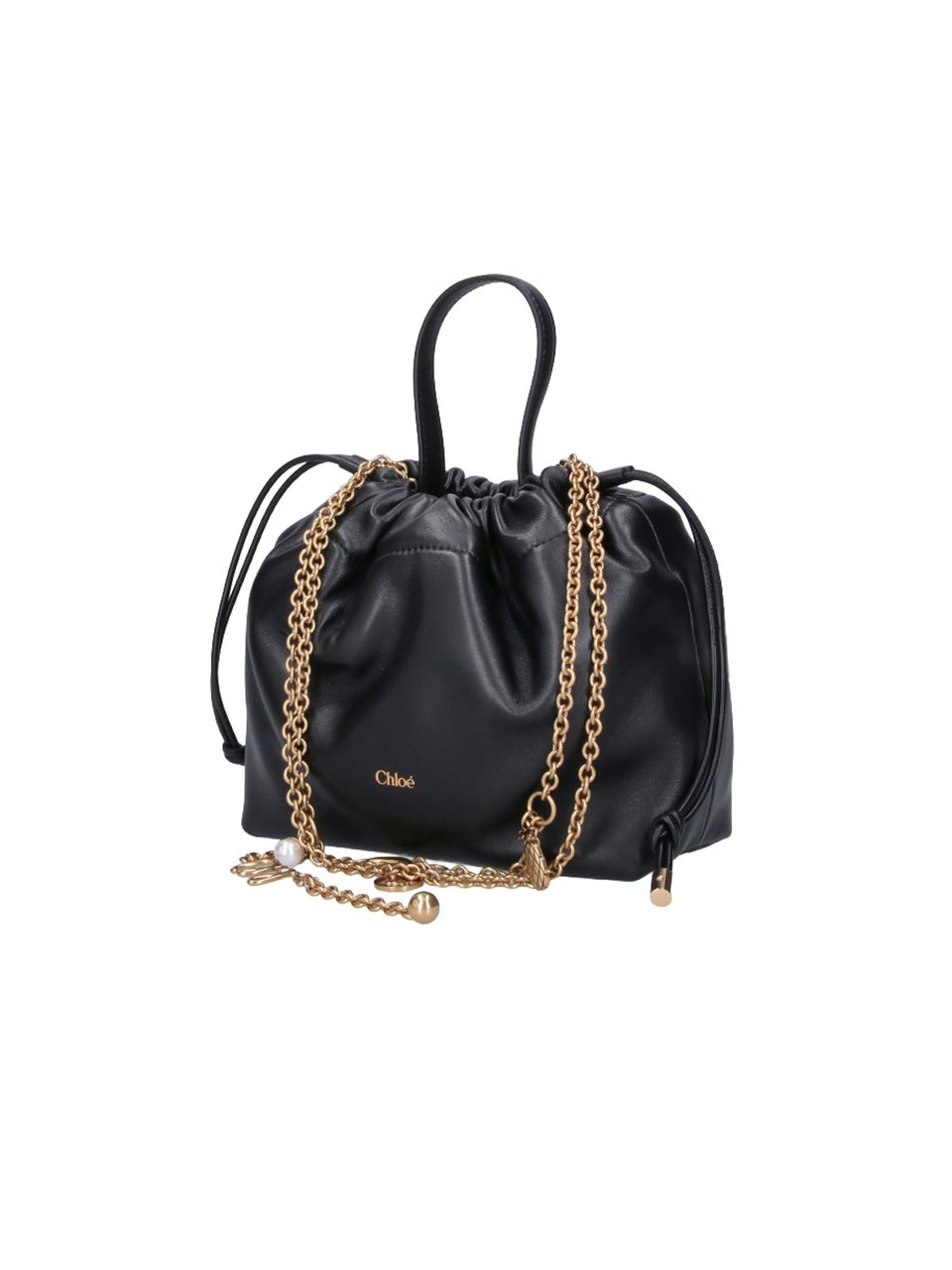 Chloé Gathered Black Leather Handbag with Gold-tone Chain Zwart