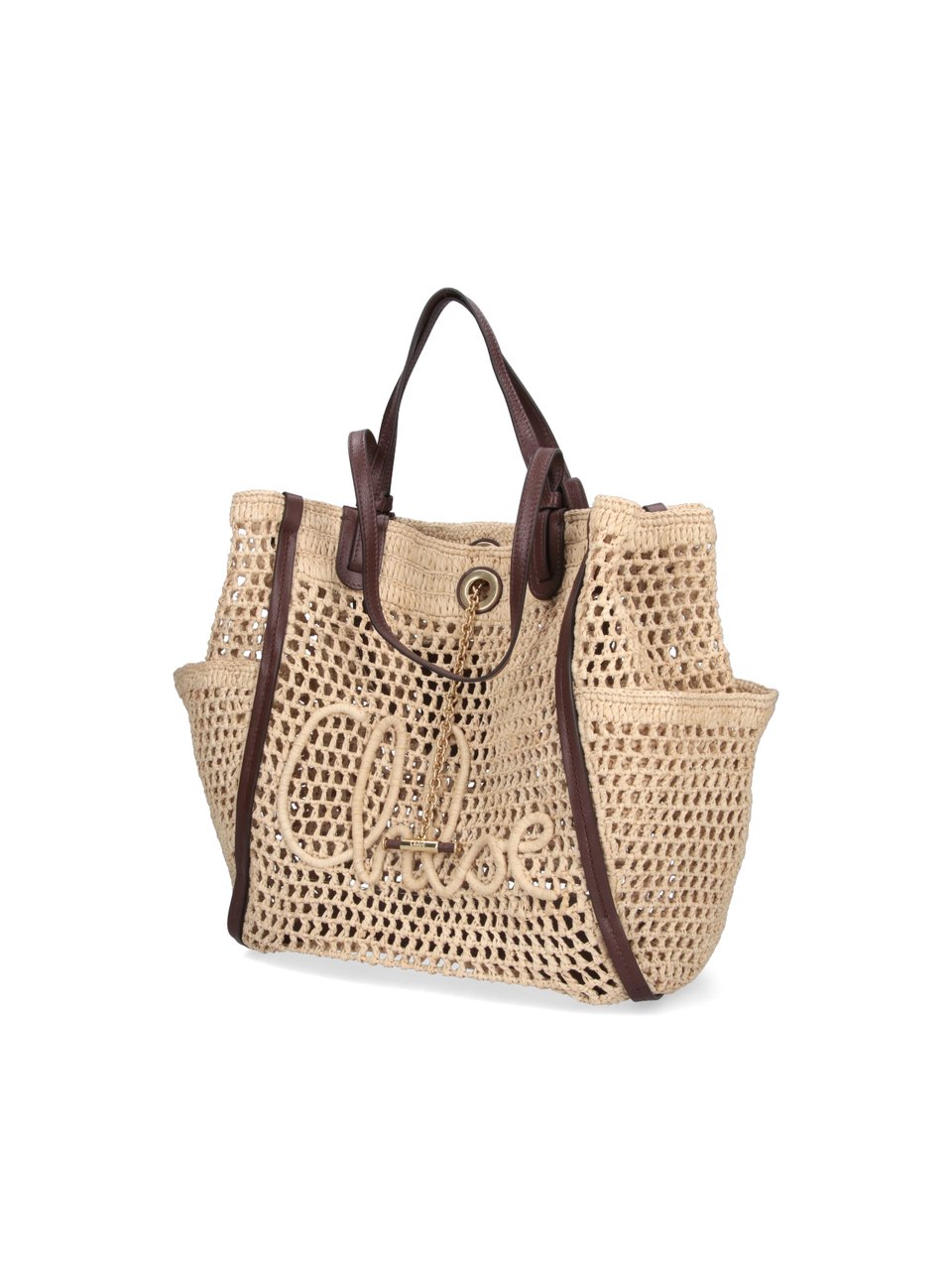 Chloé Woven Tote Bag with Textured Script Logo Neutraal