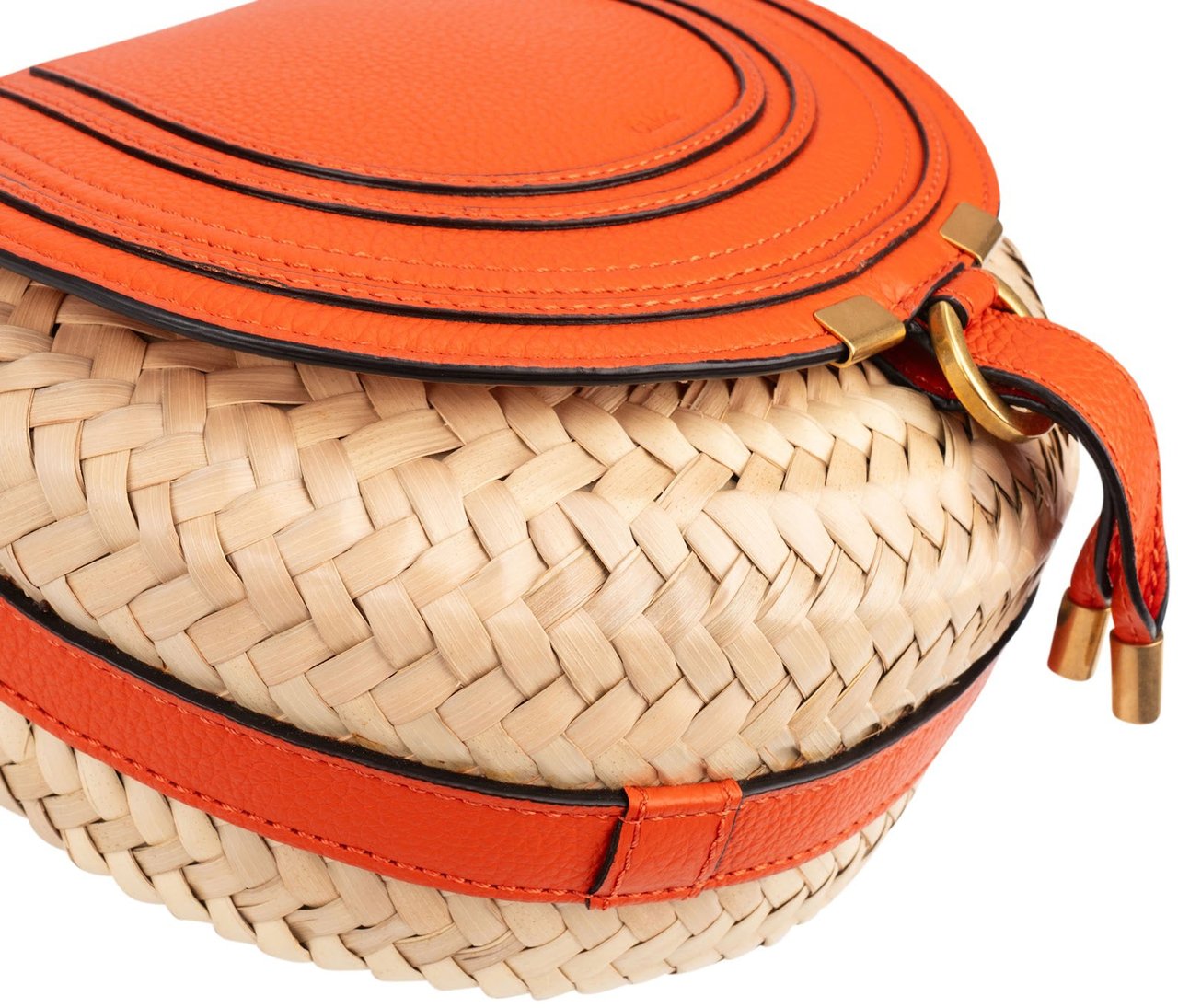 Chloé Grained Calfskin Raffia Marcie Saddle Basket Crossbody Bag Oranje