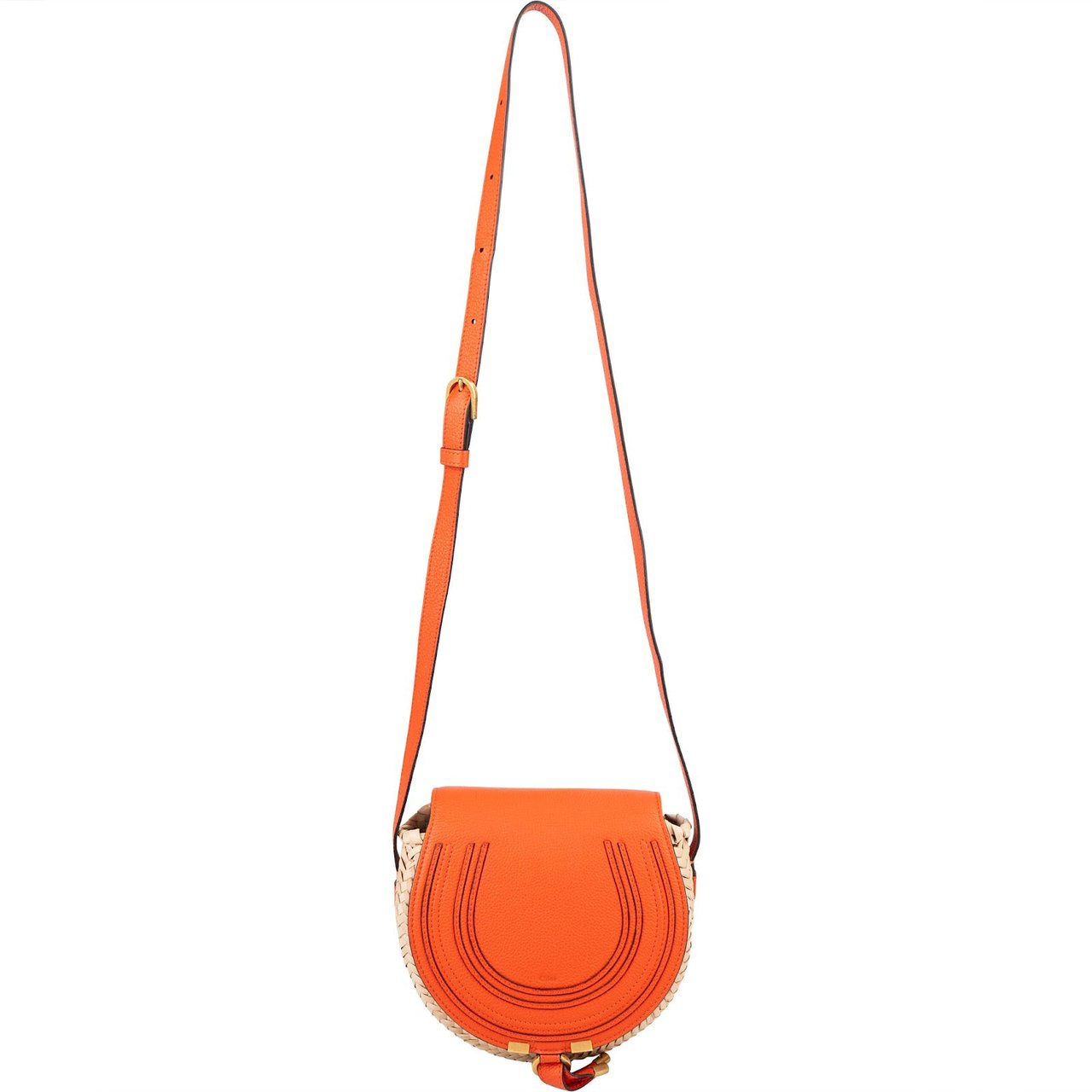 Chloé Grained Calfskin Raffia Marcie Saddle Basket Crossbody Bag Oranje