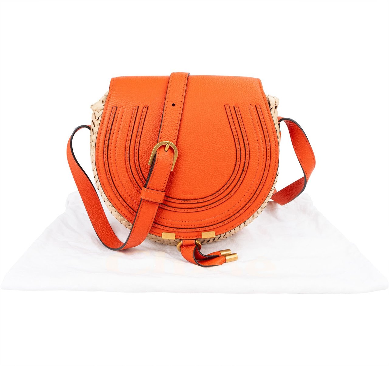 Chloé Grained Calfskin Raffia Marcie Saddle Basket Crossbody Bag Oranje