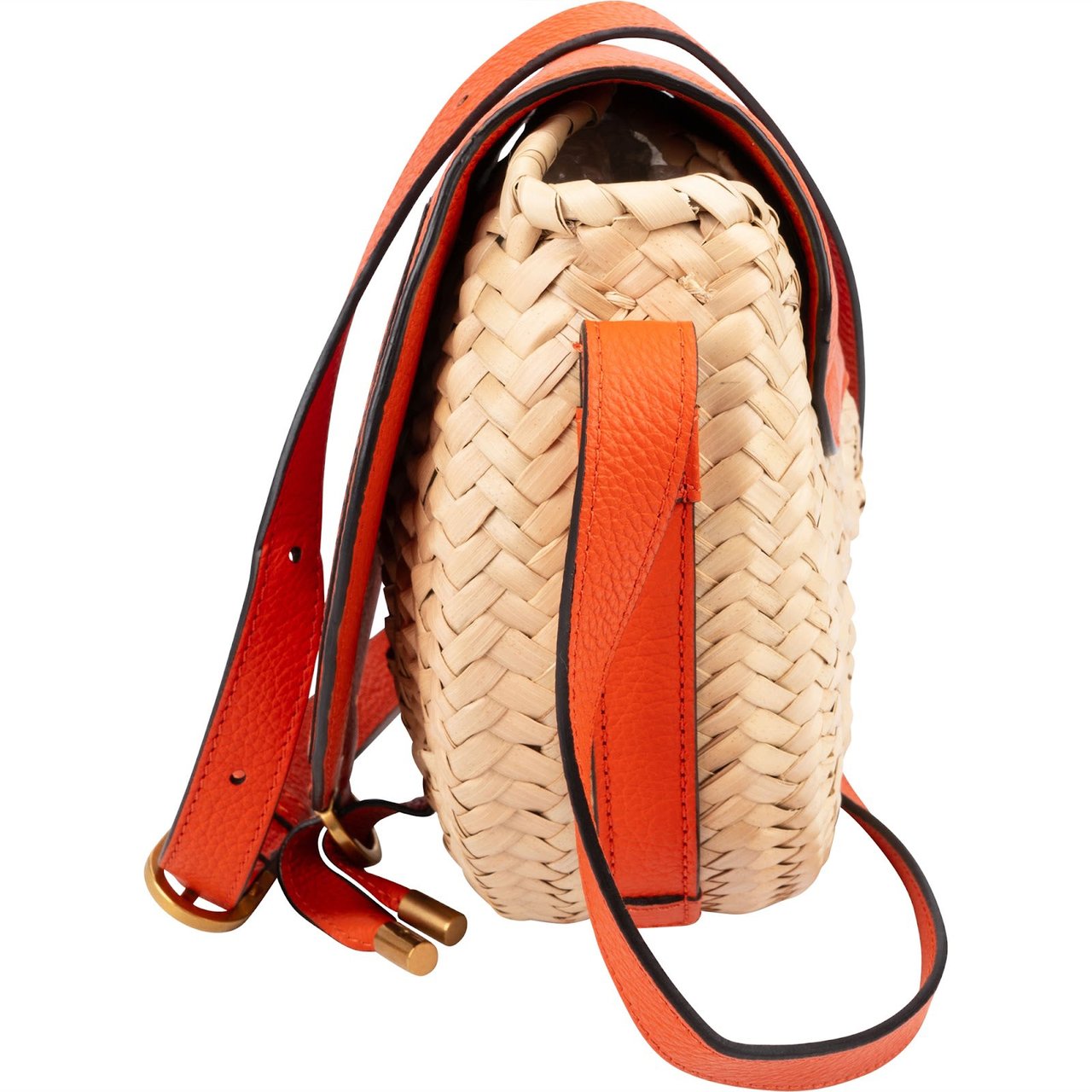 Chloé Grained Calfskin Raffia Marcie Saddle Basket Crossbody Bag Oranje