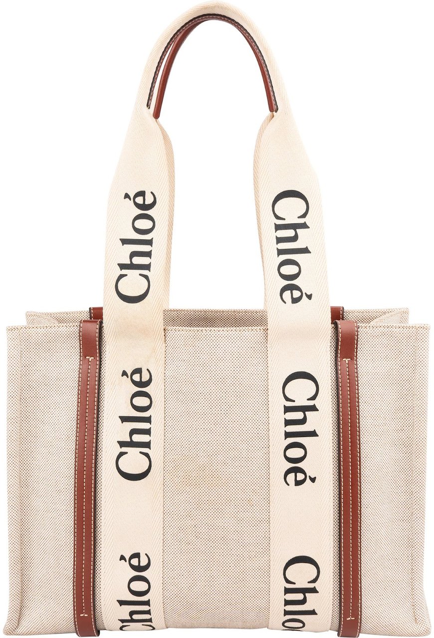 Chloé Canvas Woody Tote Medium Shoulder Bag Beige