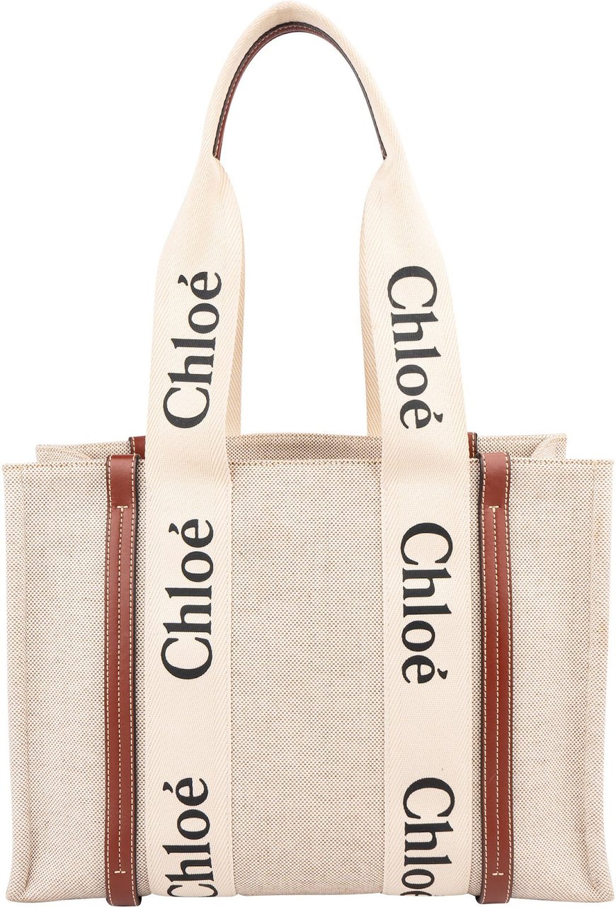 Chloé Canvas Woody Tote Medium Shoulder Bag Beige