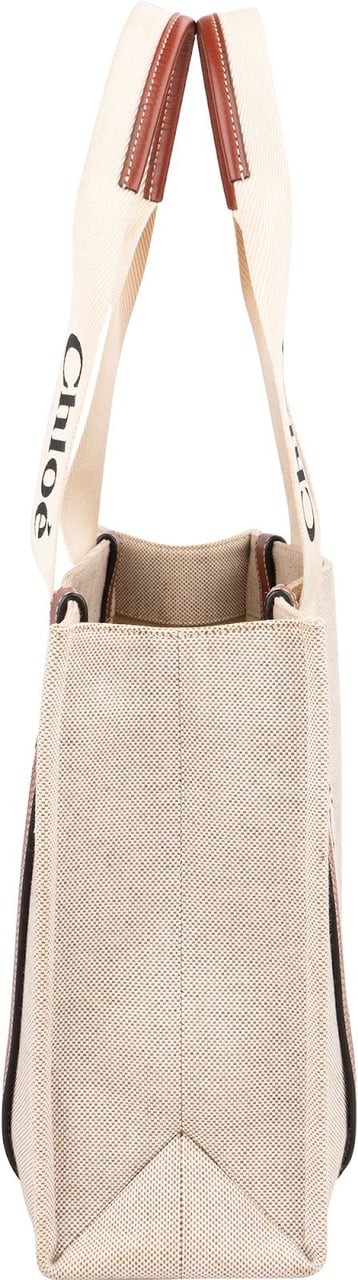 Chloé Canvas Woody Tote Medium Shoulder Bag Beige