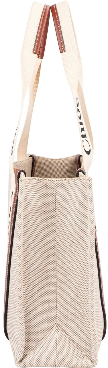 Chloé Canvas Woody Tote Medium Shoulder Bag Beige