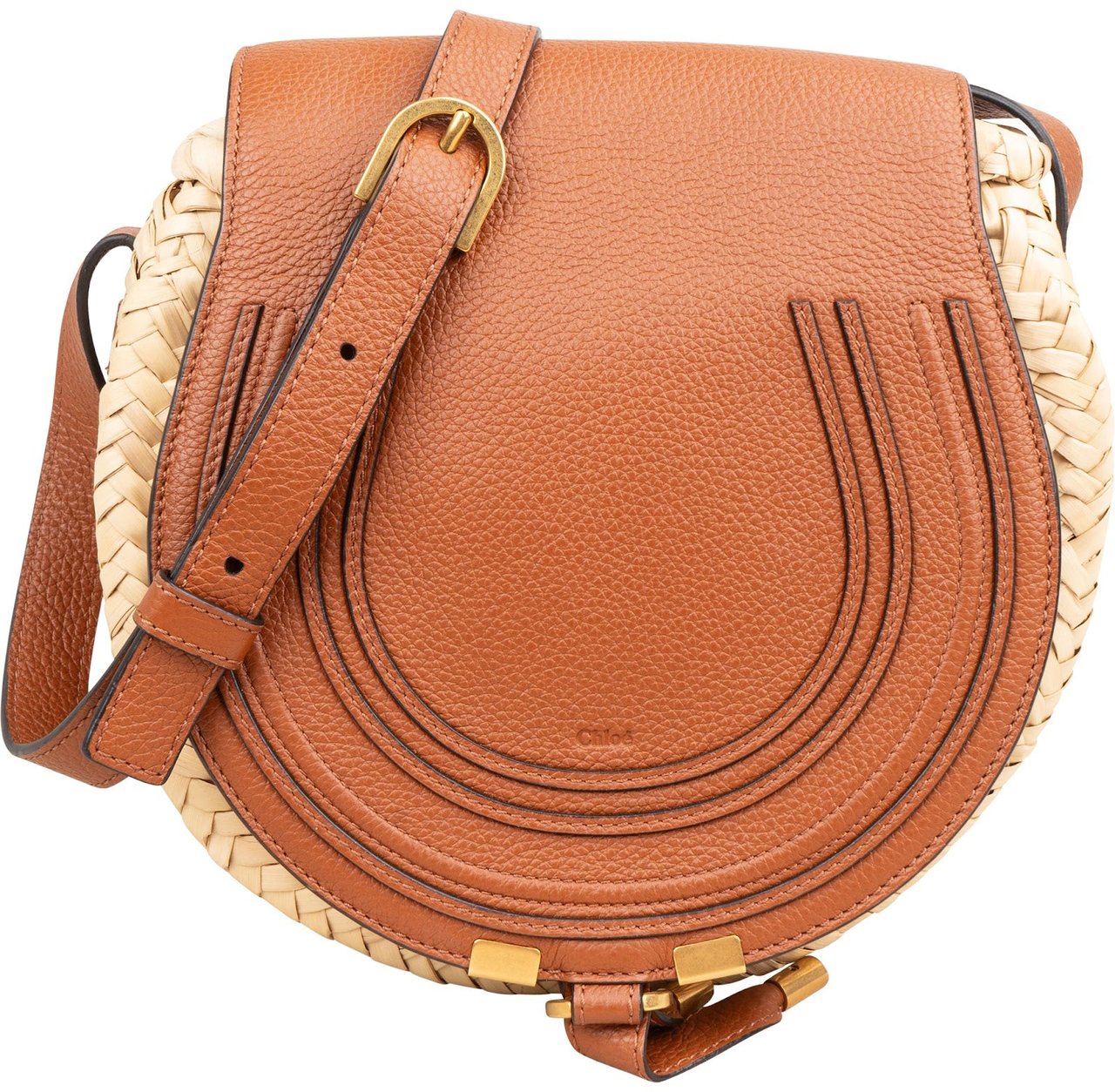 Chloé Raffia Grained Leather Marcie Saddle Crossbody Bag Bruin