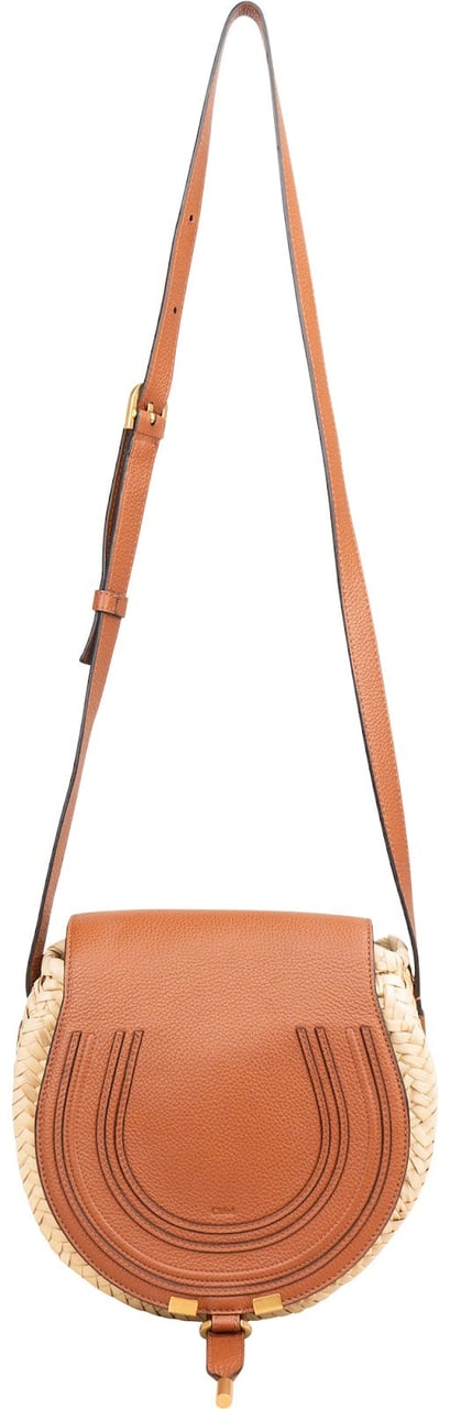 Chloé Raffia Grained Leather Marcie Saddle Crossbody Bag Bruin