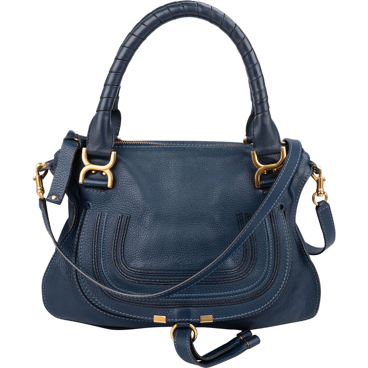Chloé Blue Grained Leather Marcie Shoulder Bag Blauw