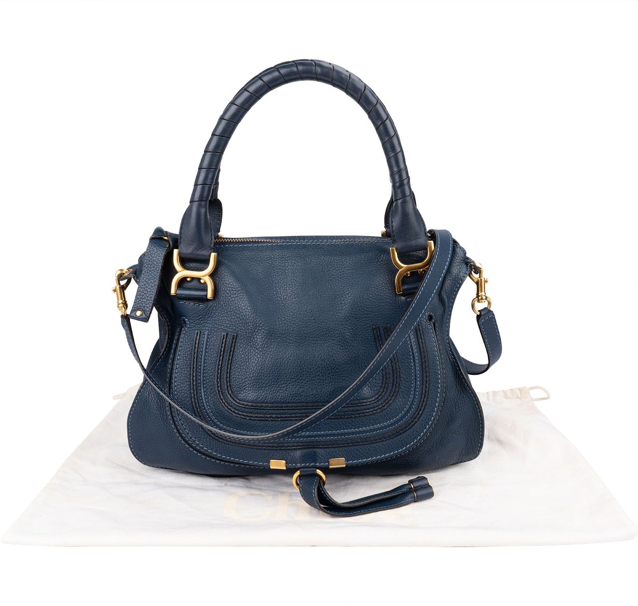Chloé Blue Grained Leather Marcie Shoulder Bag Blauw