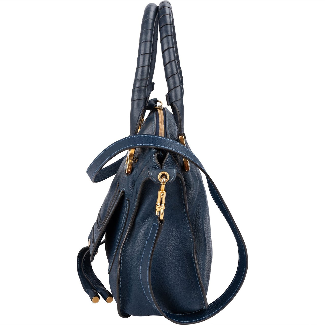 Chloé Blue Grained Leather Marcie Shoulder Bag Blauw