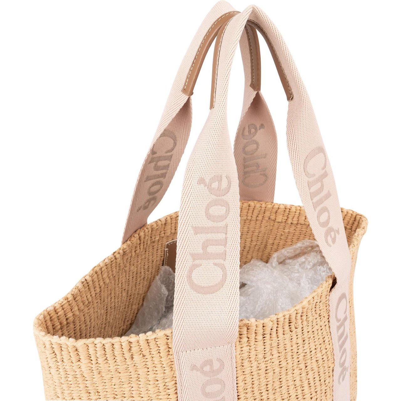Chloé Raffia Woody Medium Basket Shoulder Bag Beige