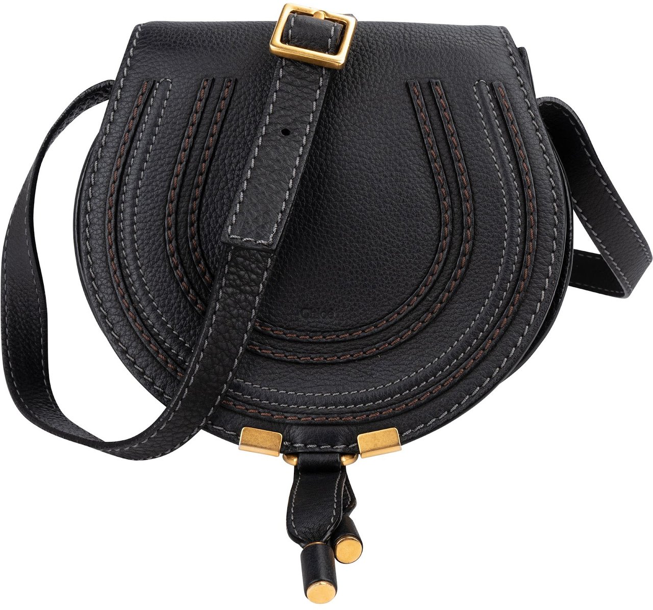 Chloé Grained Calfskin Marcie Mini Saddle Crossbody Bag Zwart