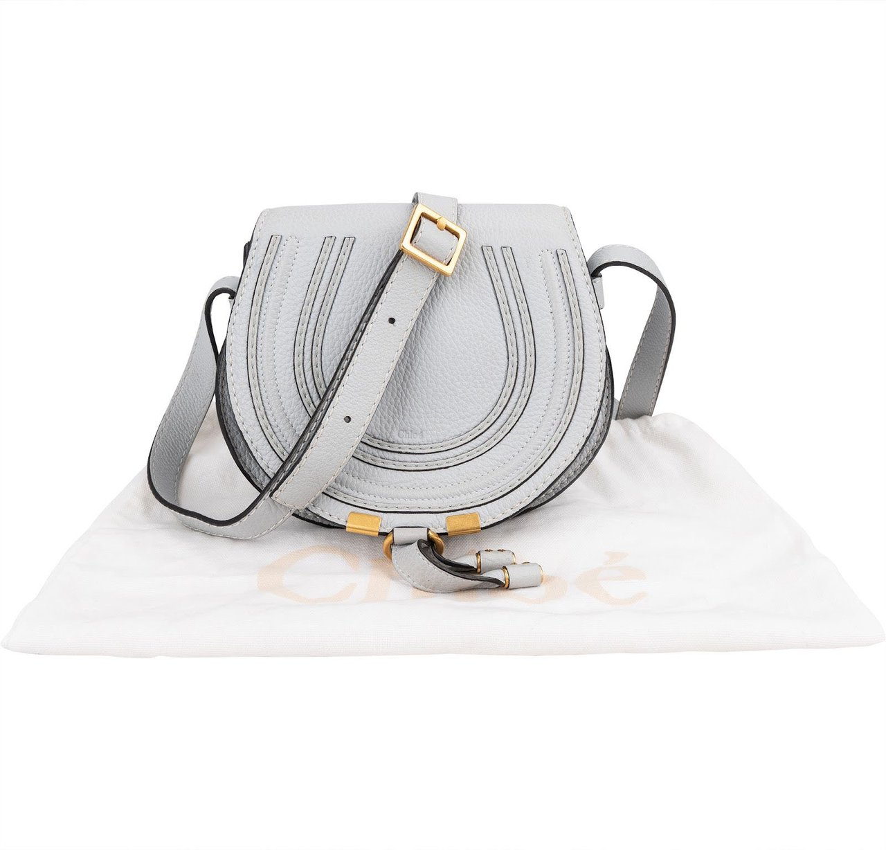 Chloé Grained Calfskin Marcie Small Saddle Crossbody Bag Lichtblauw