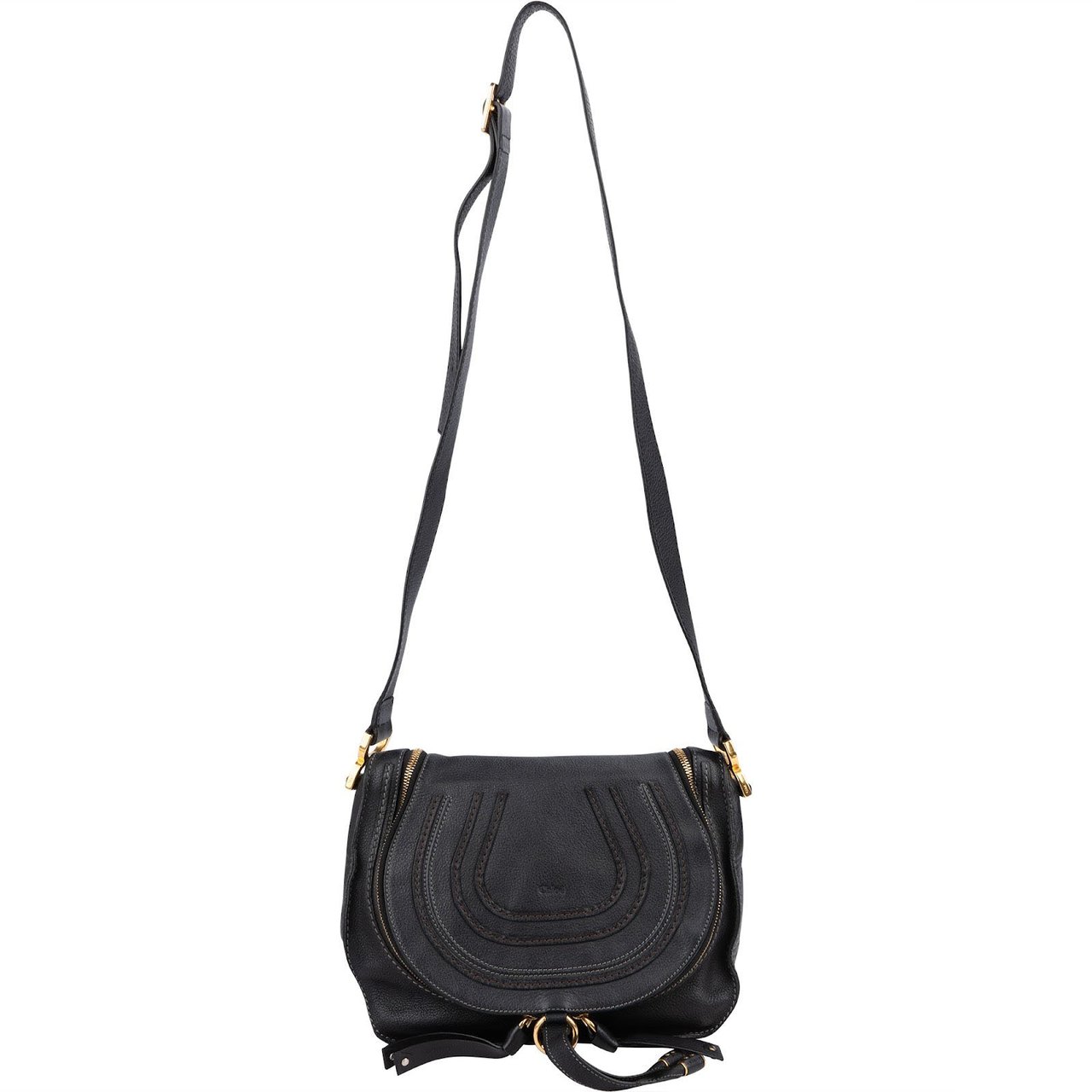 Chloé Black Leather Marcie Saddle Zip Crossbody Bag Zwart