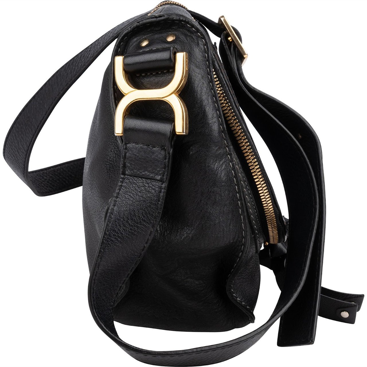 Chloé Black Leather Marcie Saddle Zip Crossbody Bag Zwart
