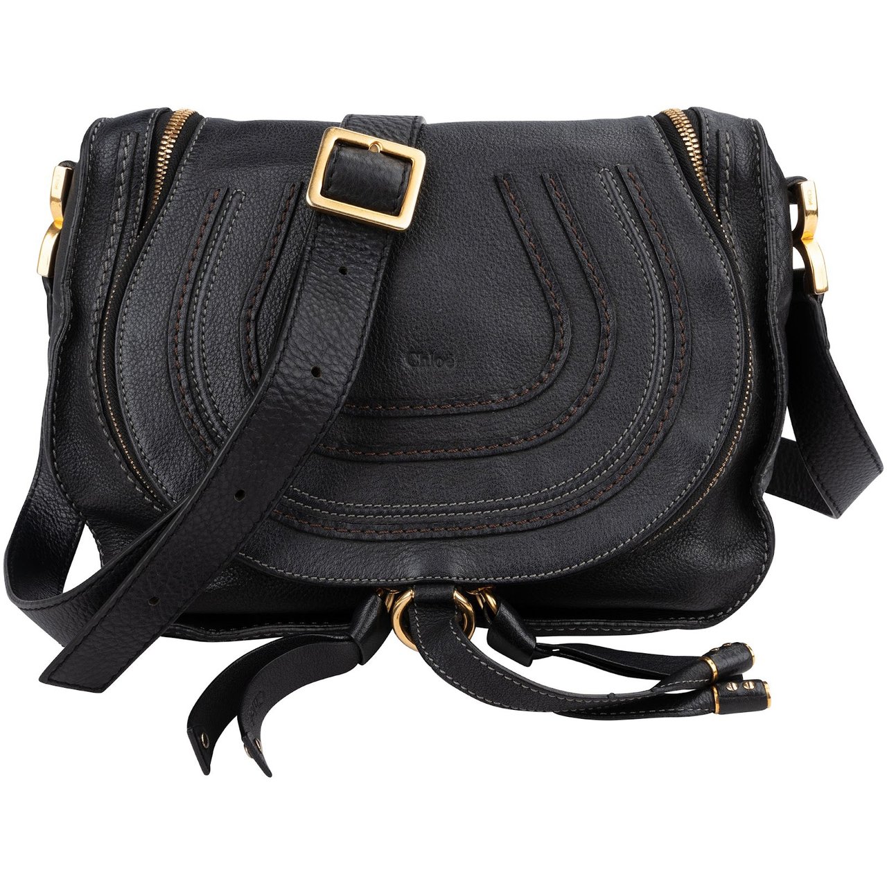 Chloé Black Leather Marcie Saddle Zip Crossbody Bag Zwart