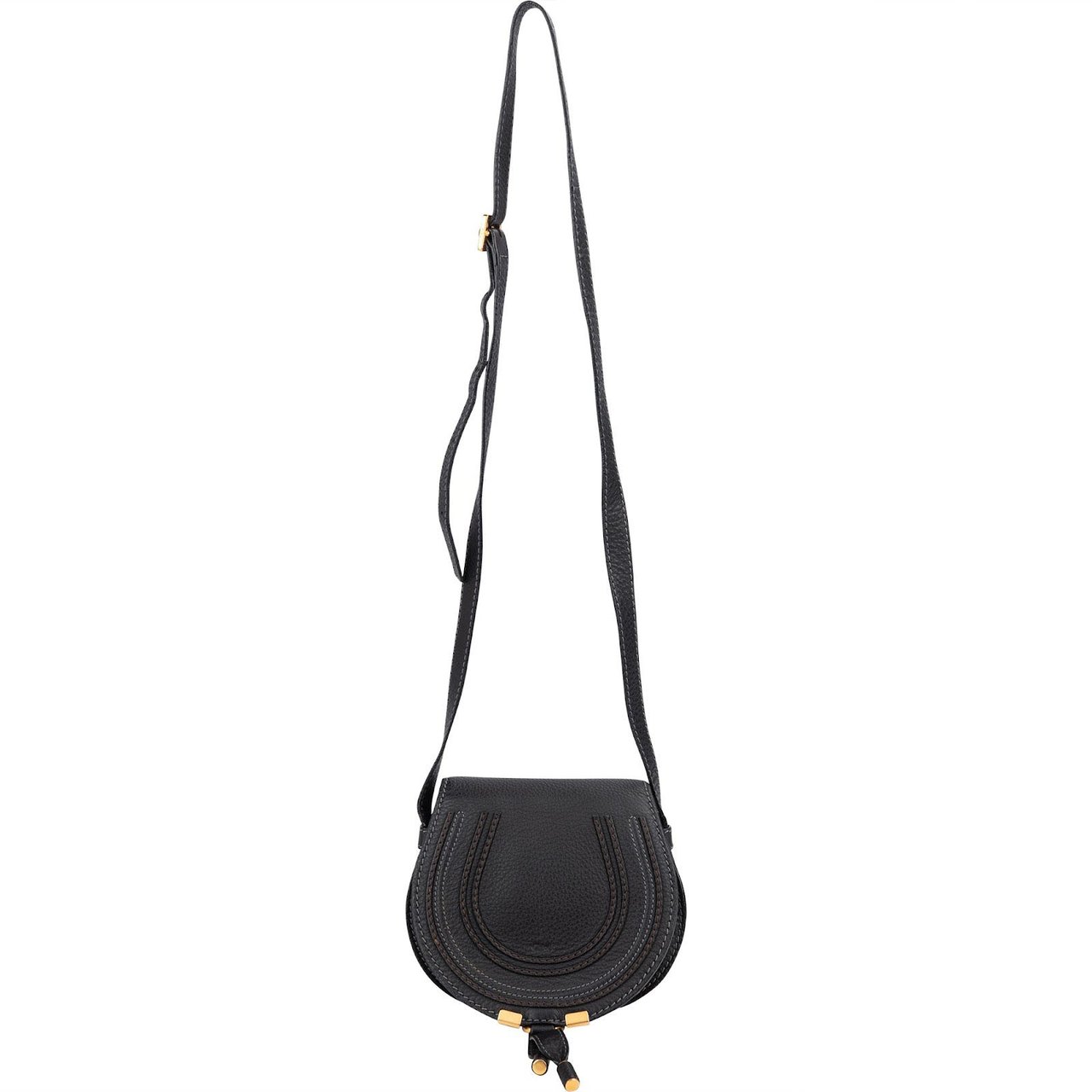 Chloé Black Grained Leather Marcie Small Saddle Crossbody Bag Zwart