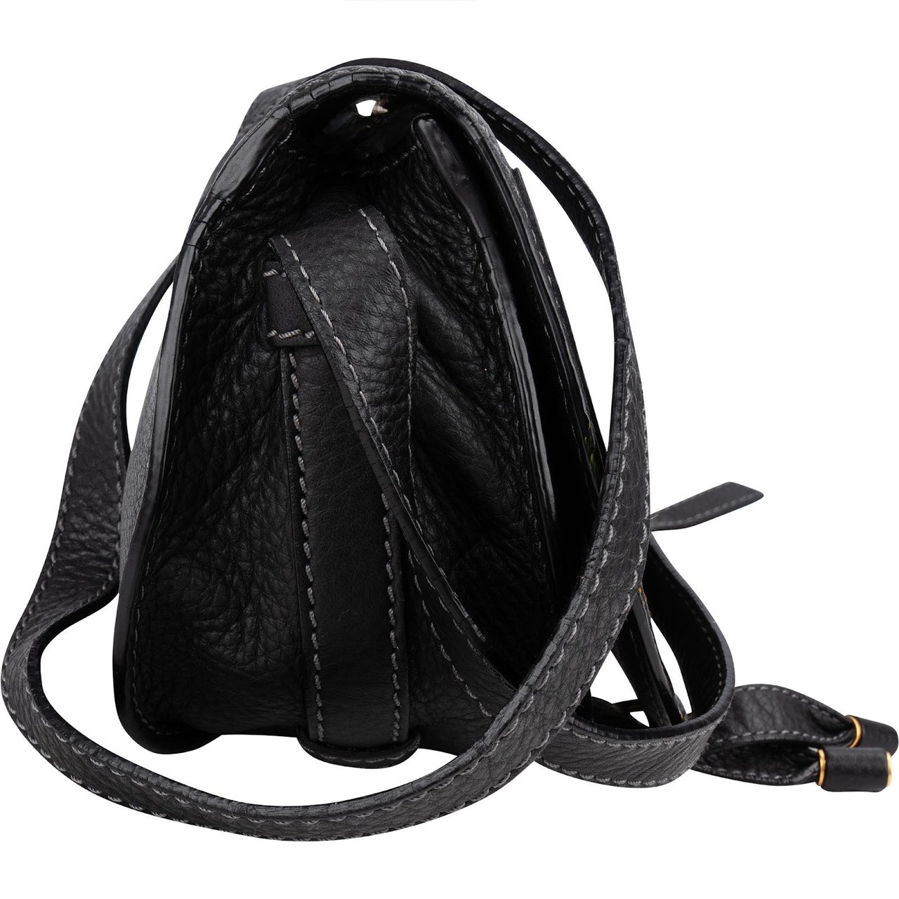 Chloé Black Grained Leather Marcie Small Saddle Crossbody Bag Zwart