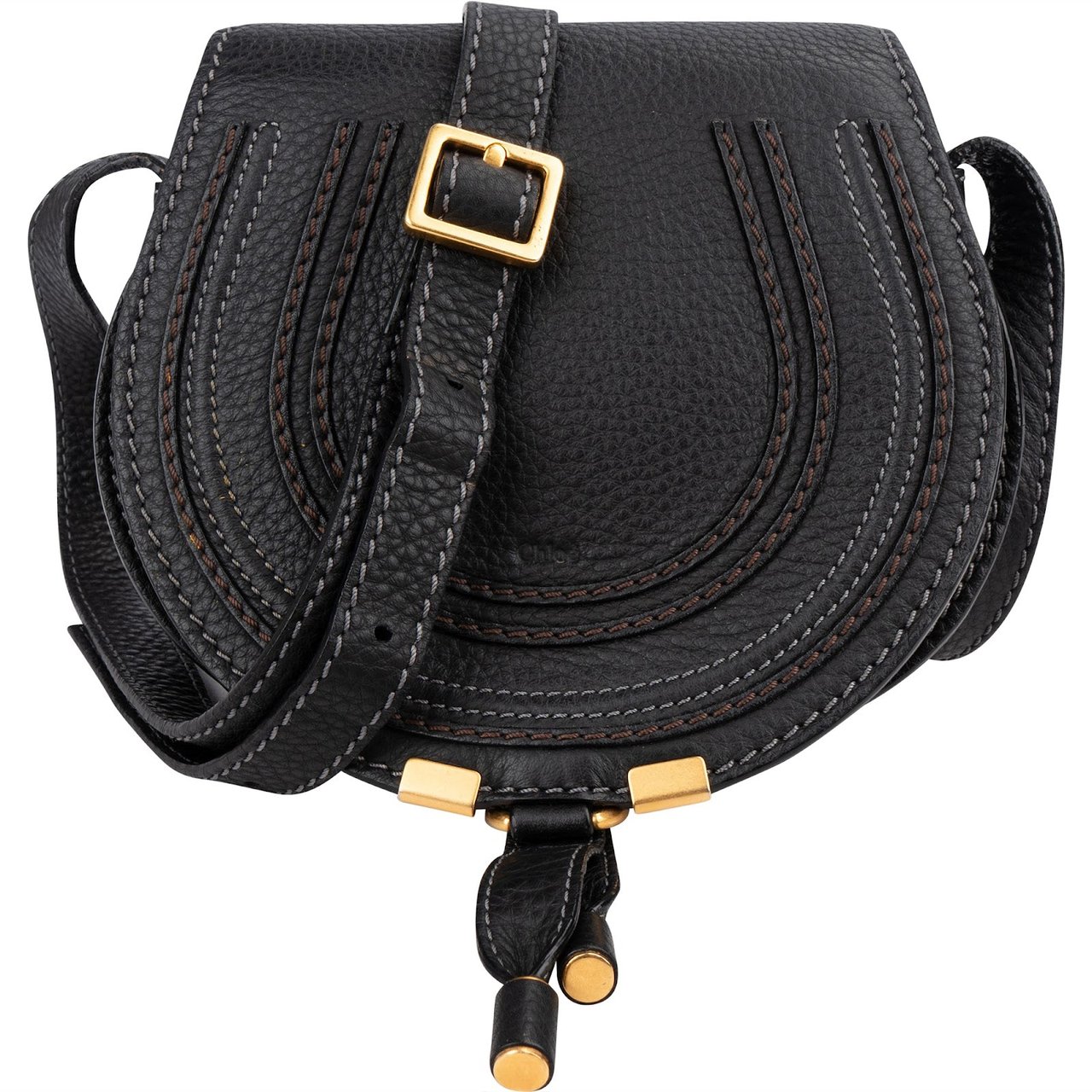 Chloé Black Grained Leather Marcie Small Saddle Crossbody Bag Zwart