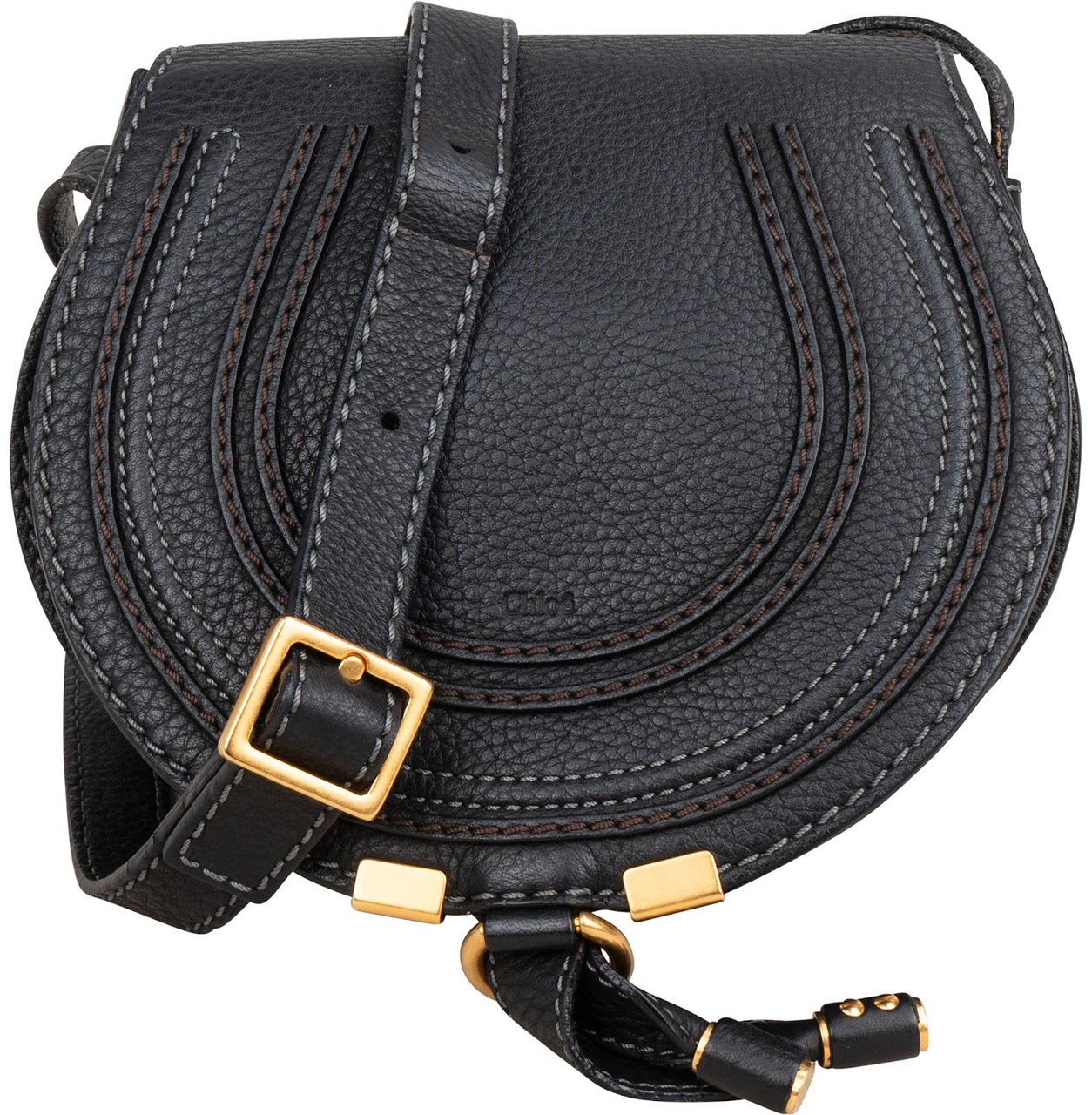 Chloé Grained Calfskin Marcie Mini Saddle Crossbody Bag Zwart