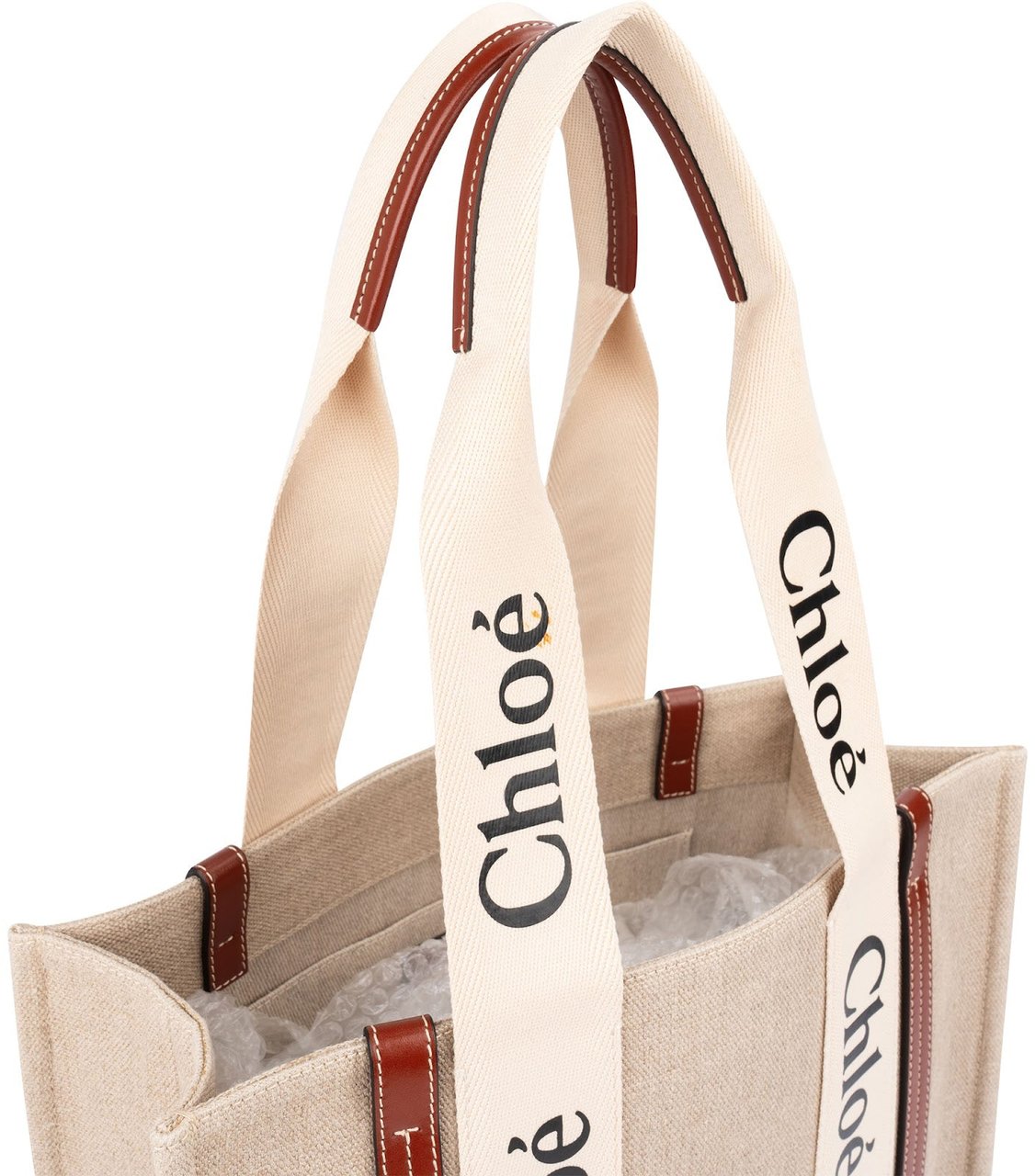 Chloé Canvas Woody Medium Shoulder Bag Beige