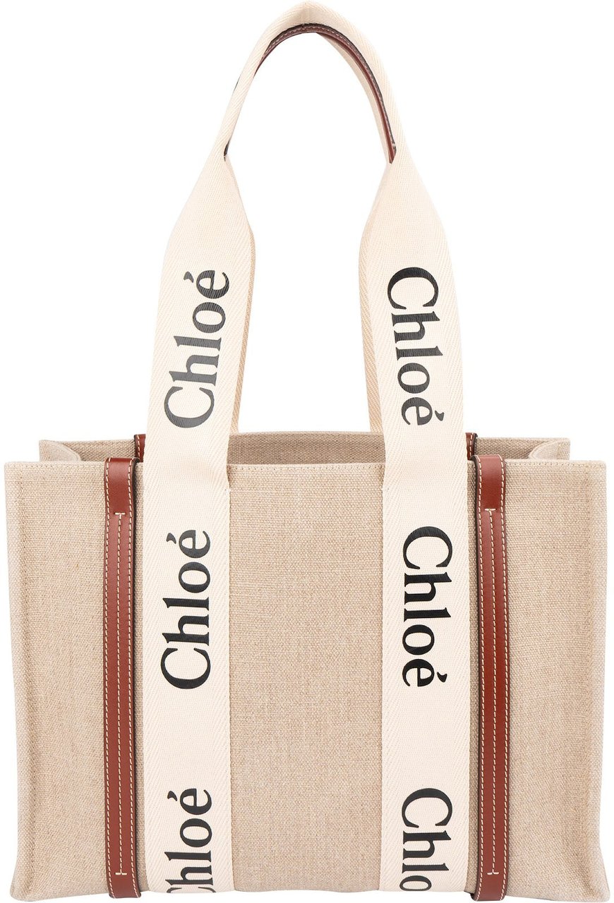 Chloé Canvas Woody Medium Shoulder Bag Beige