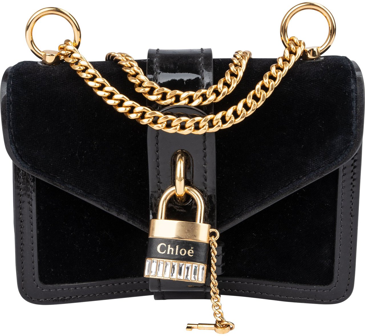 Chloé Black Satin Crystal Padlock Aby Crossbody Bag Zwart