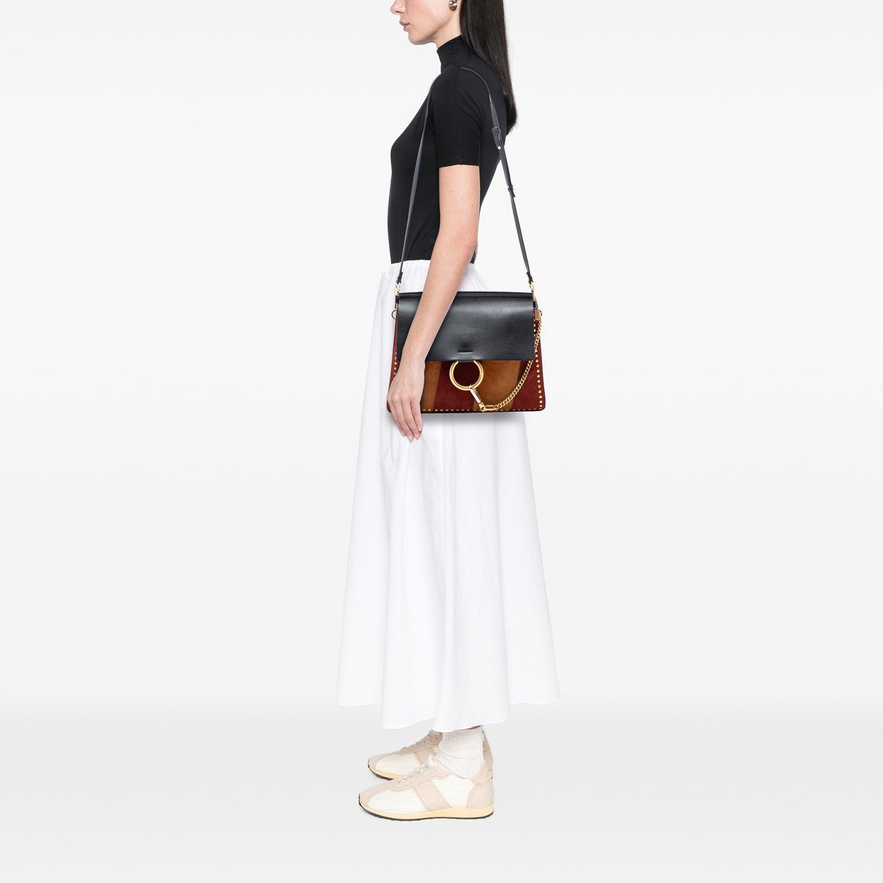 Chloé Medium Calfskin and Stitched Suede Faye Crossbody Zwart