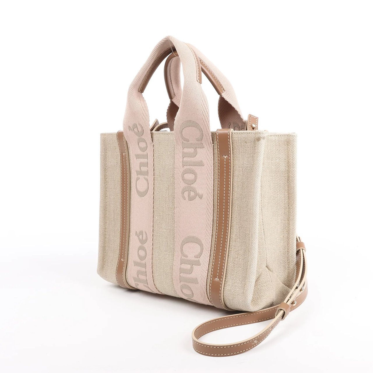Chloé Chloé Woody Small Canvas & Leather 2Way Handbag in Beige Beige