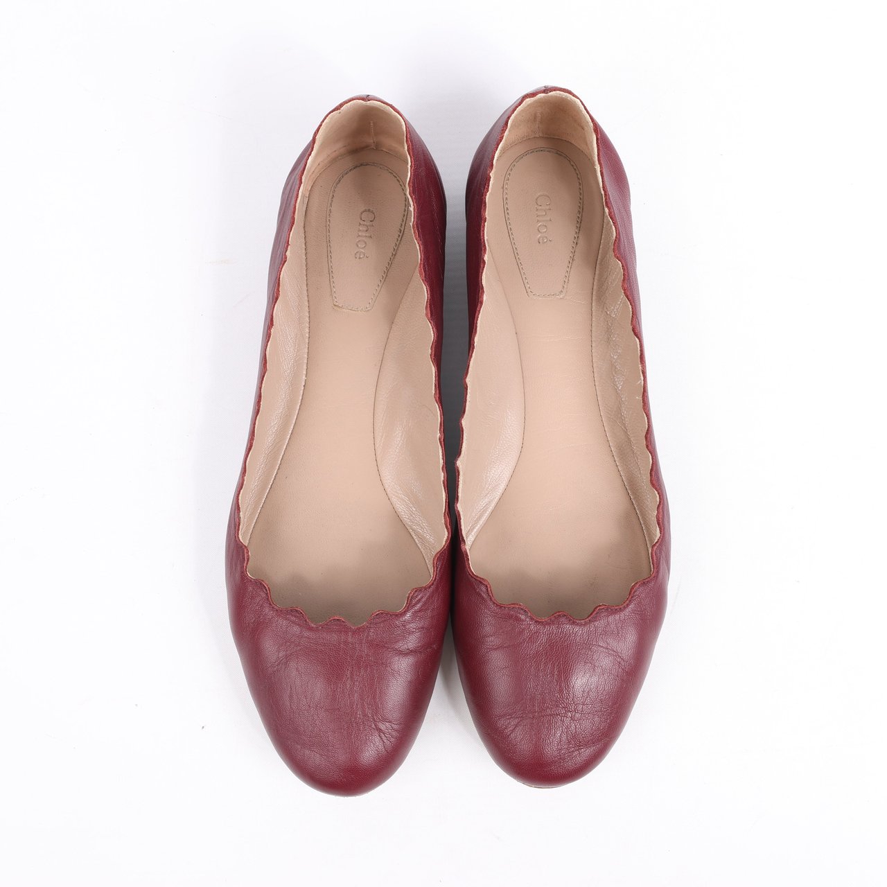 Chloé Chloe Leather Scalloped Ballet Flats in Burgundy, Size 38 Maroon