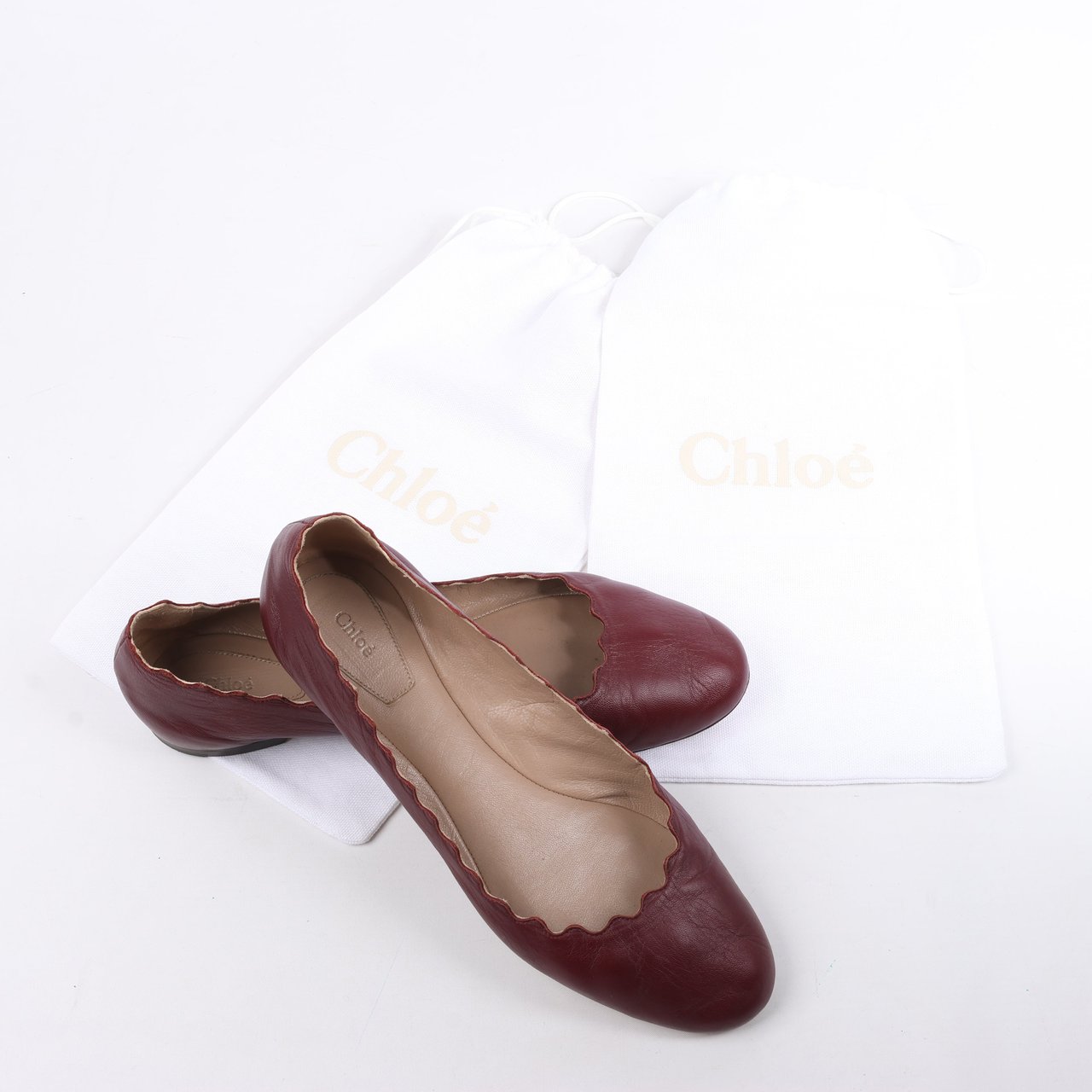 Chloé Chloe Leather Scalloped Ballet Flats in Burgundy, Size 38 Maroon