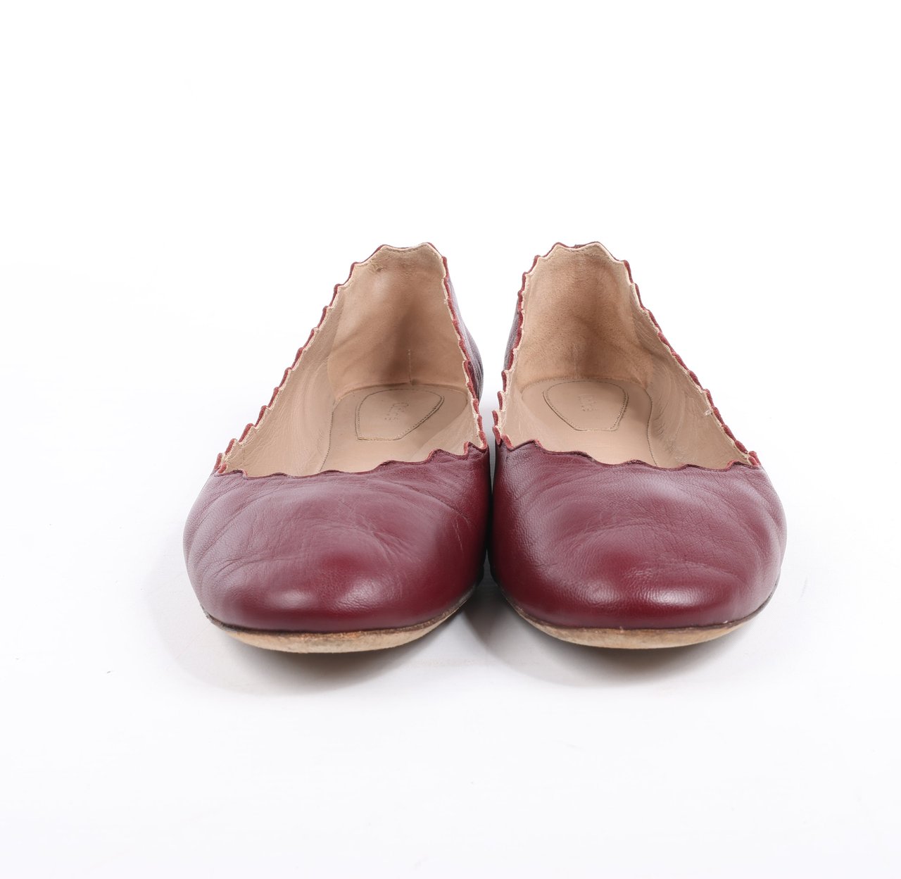 Chloé Chloe Leather Scalloped Ballet Flats in Burgundy, Size 38 Maroon