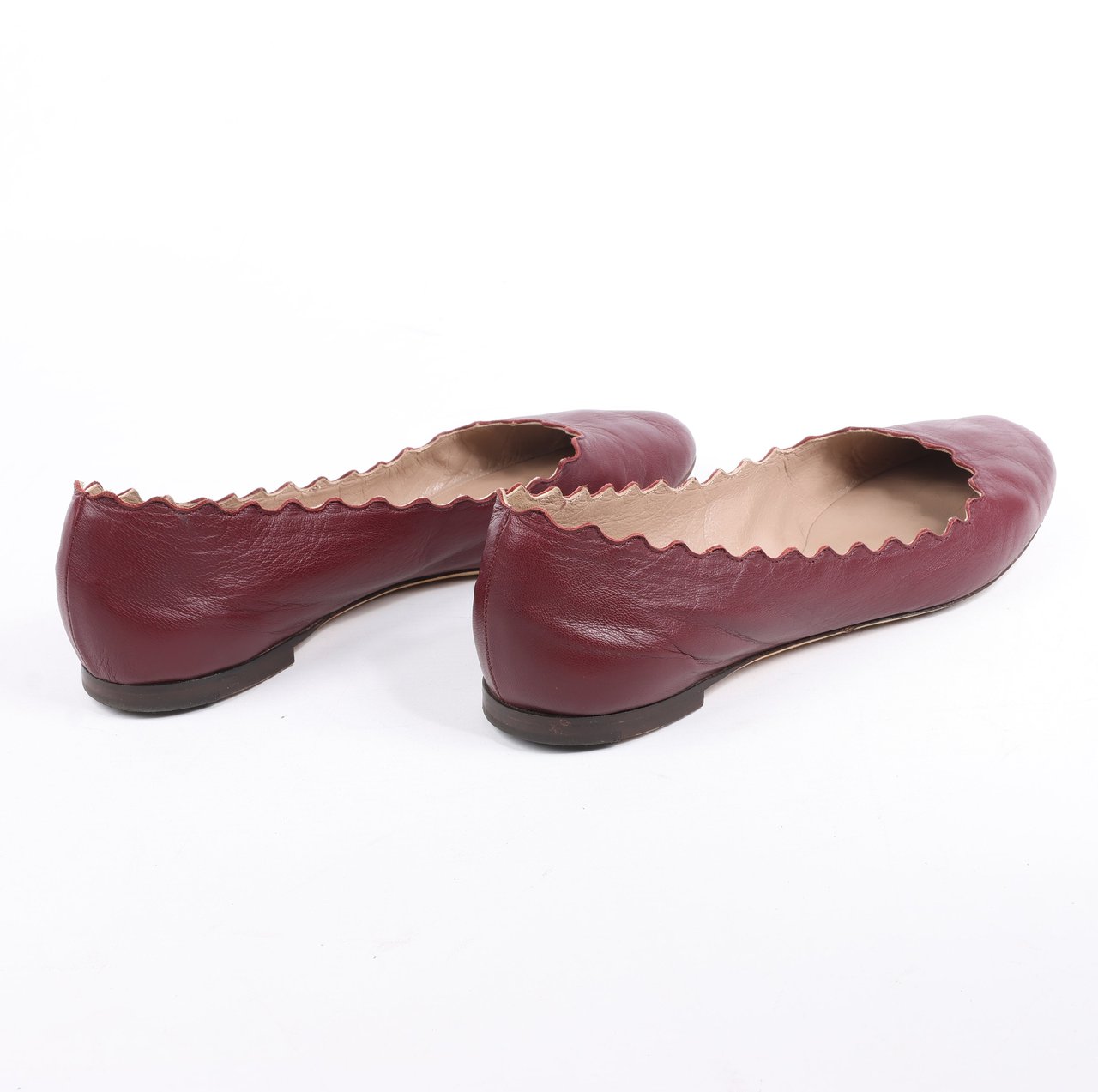 Chloé Chloe Leather Scalloped Ballet Flats in Burgundy, Size 38 Maroon