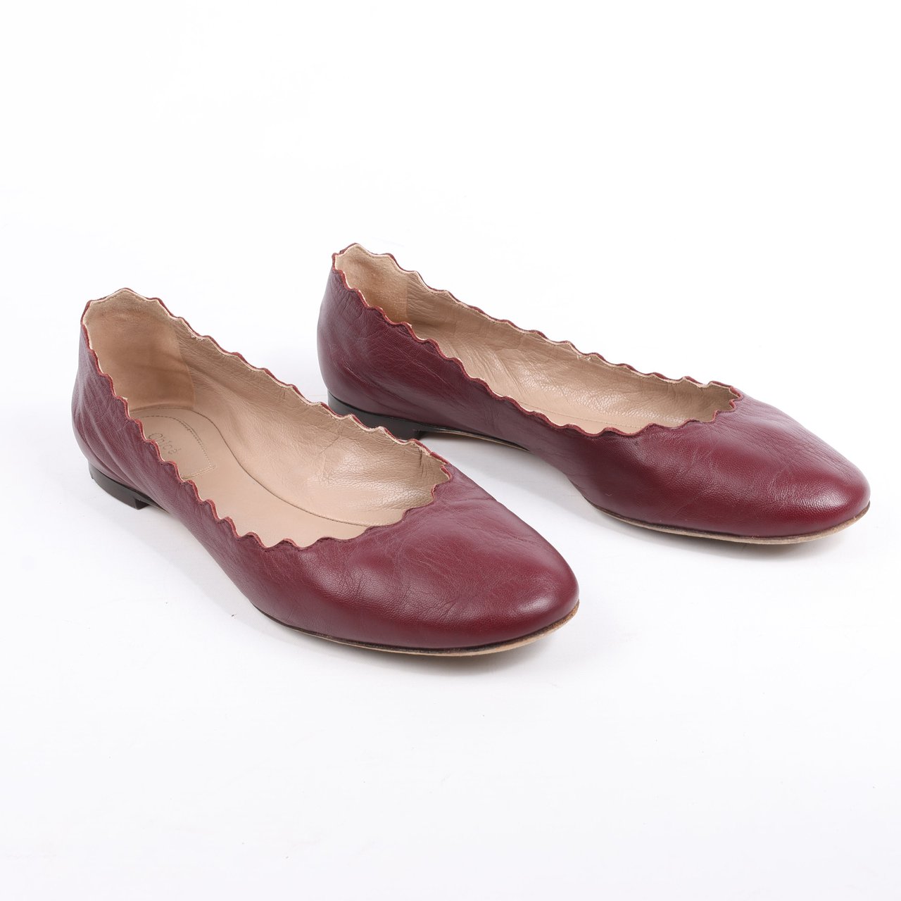 Chloé Chloe Leather Scalloped Ballet Flats in Burgundy, Size 38 Maroon