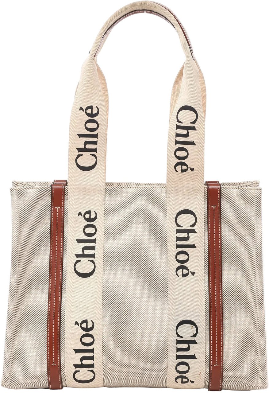 Chloé CHLOE Woody Medium Canvas x Leather Tote Shoulder bag in Beige x Brown Divers