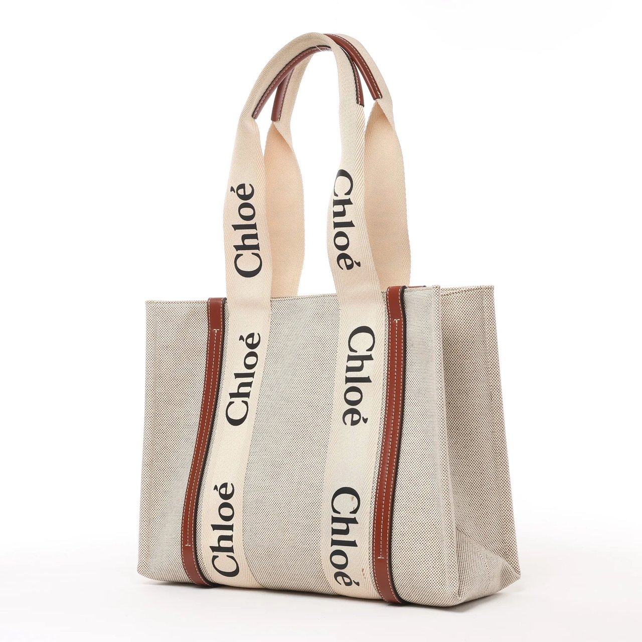 Chloé CHLOE Woody Medium Canvas x Leather Tote Shoulder bag in Beige x Brown Divers