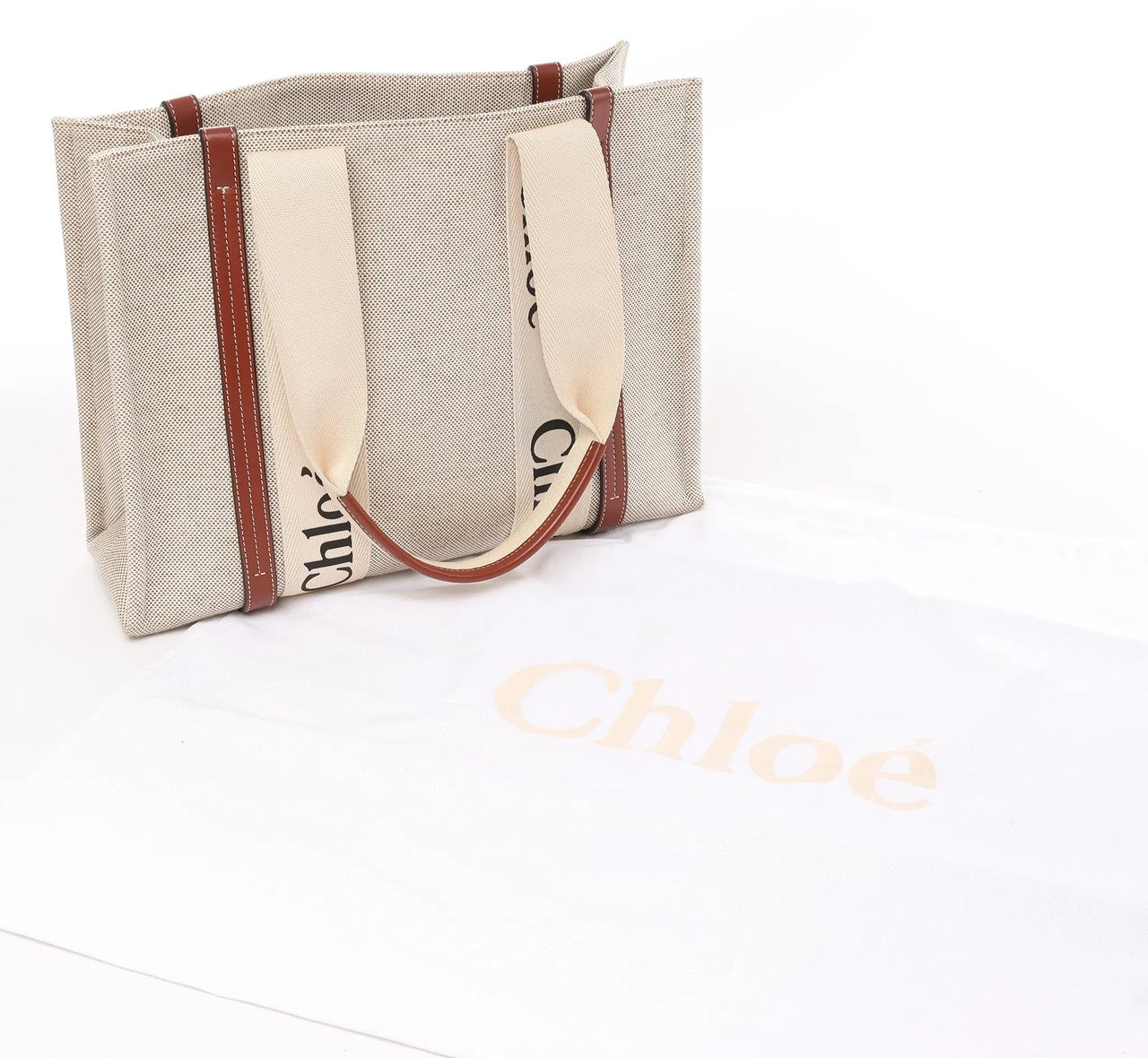Chloé CHLOE Woody Medium Canvas x Leather Tote Shoulder bag in Beige x Brown Divers