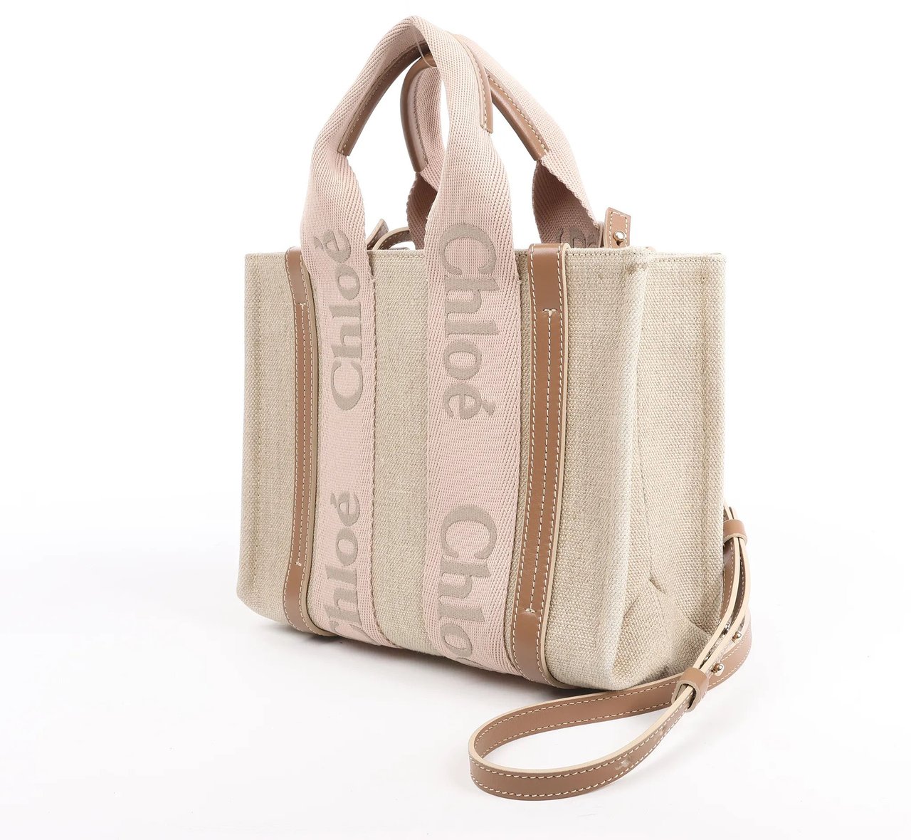Chloé Chloé Woody Small Canvas & Leather 2Way Handbag in Beige Beige