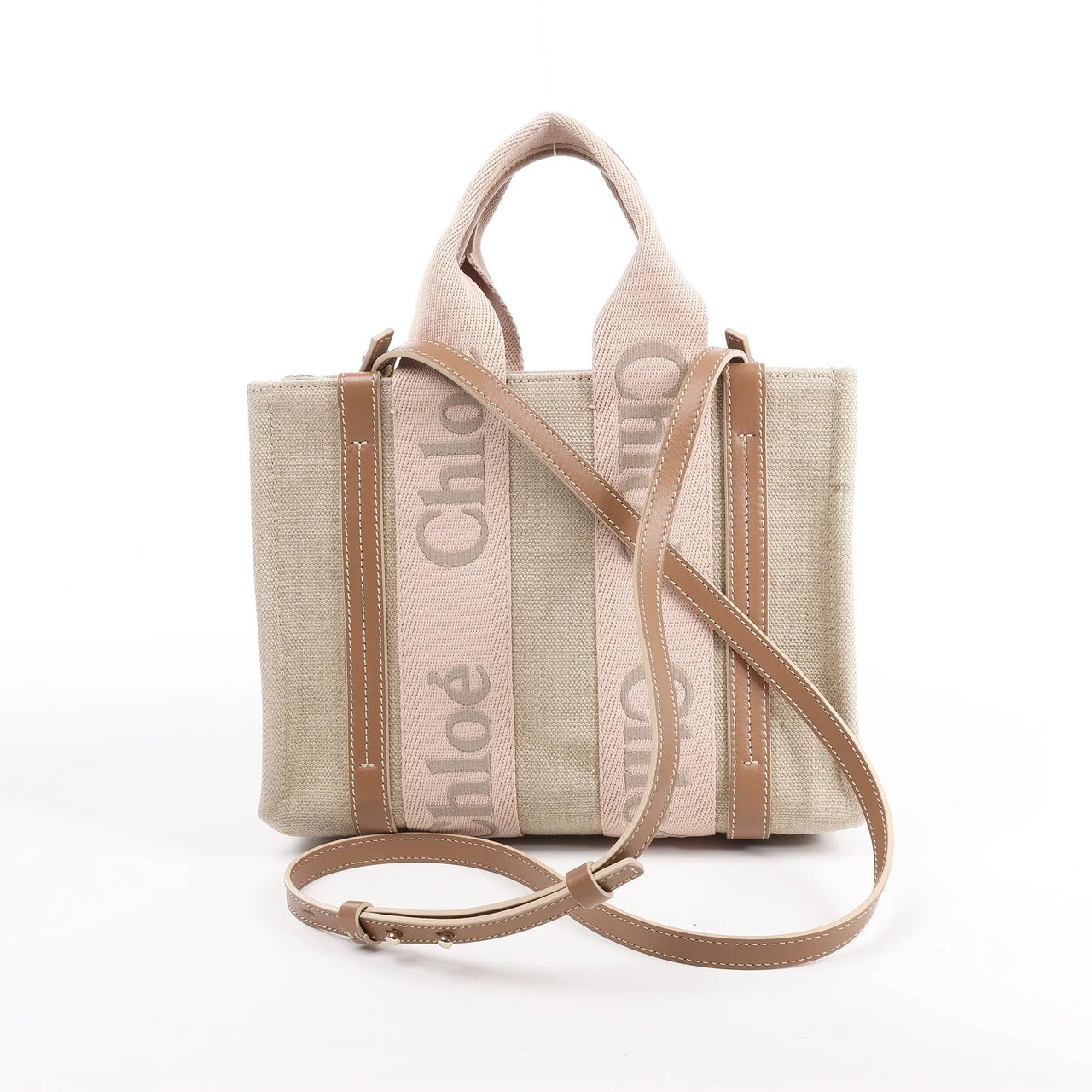 Chloé Chloé Woody Small Canvas & Leather 2Way Handbag in Beige Beige