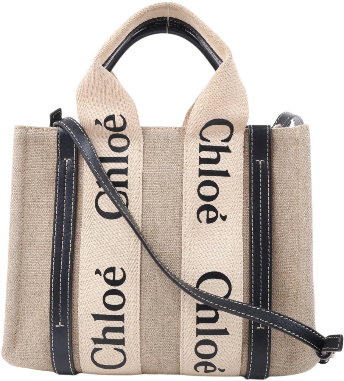 Chloé Chloé Woody Small Canvas & Leather 2Way Handbag in Beige x Black Beige