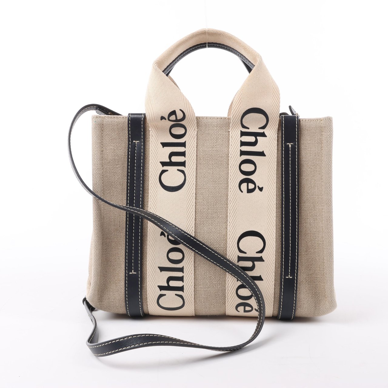 Chloé Chloé Woody Small Canvas & Leather 2Way Handbag in Beige x Black Beige