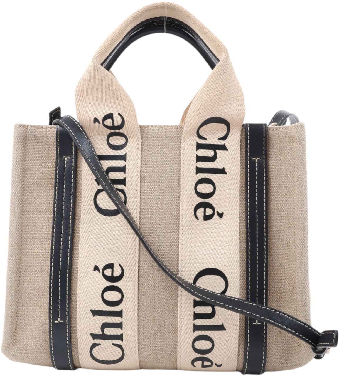 Chloé Chloé Woody Small Canvas & Leather 2Way Handbag in Beige x Black Beige