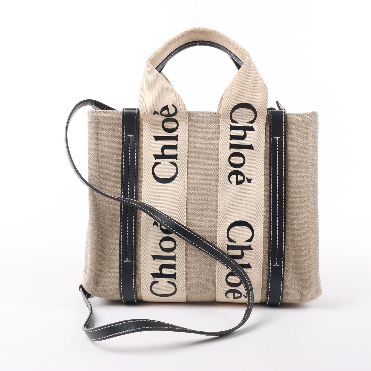 Chloé Chloé Woody Small Canvas & Leather 2Way Handbag in Beige x Black Beige