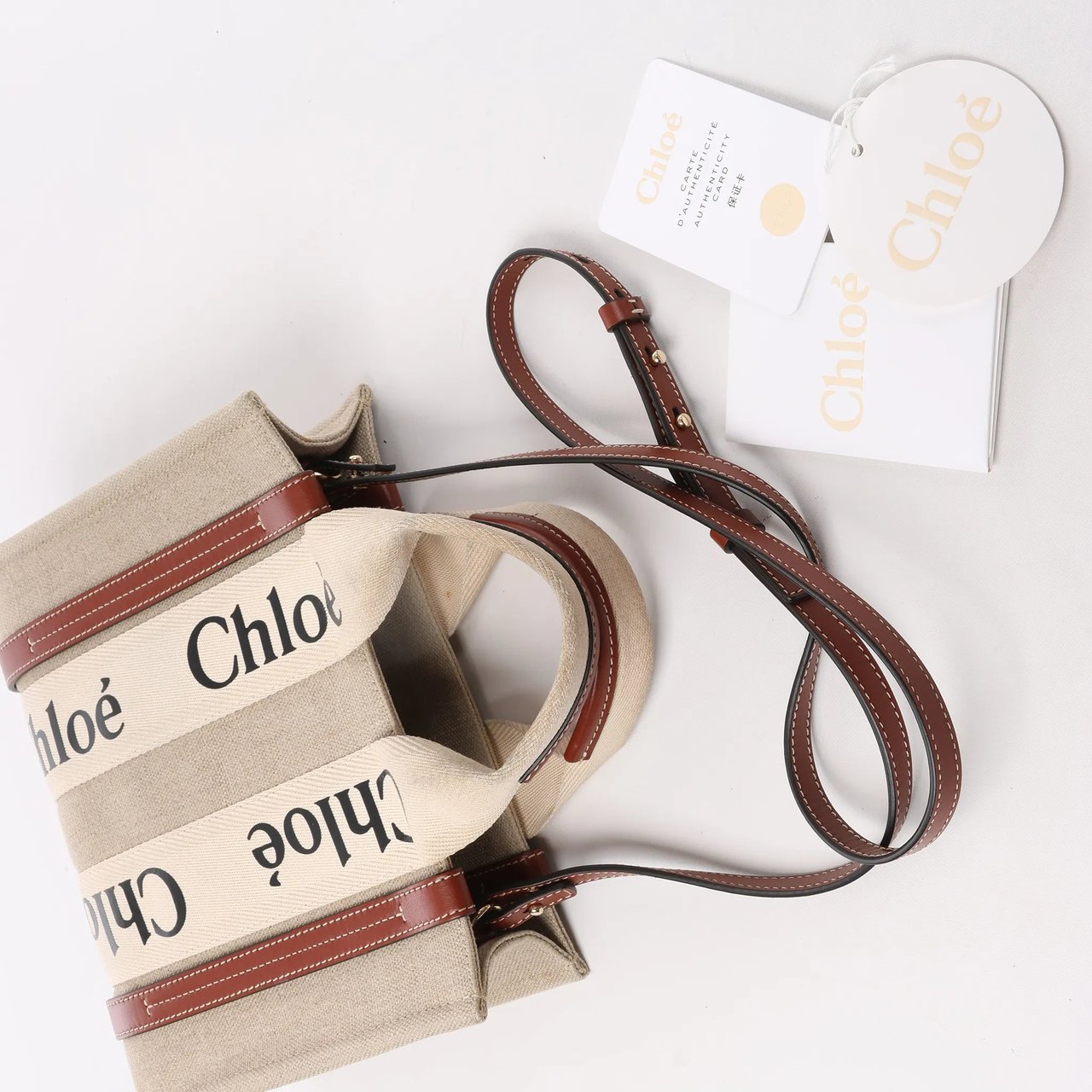 Chloé Chloé Woody Small Canvas & Leather 2Way Handbag in Beige x Brown Divers