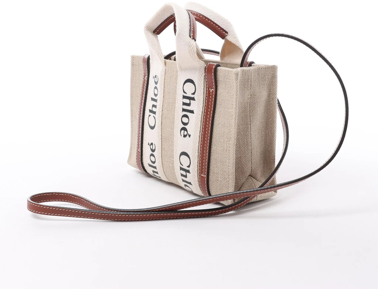 Chloé Woody Nano Canvas & Leather 2Way Handbag in Beige x Brown Divers