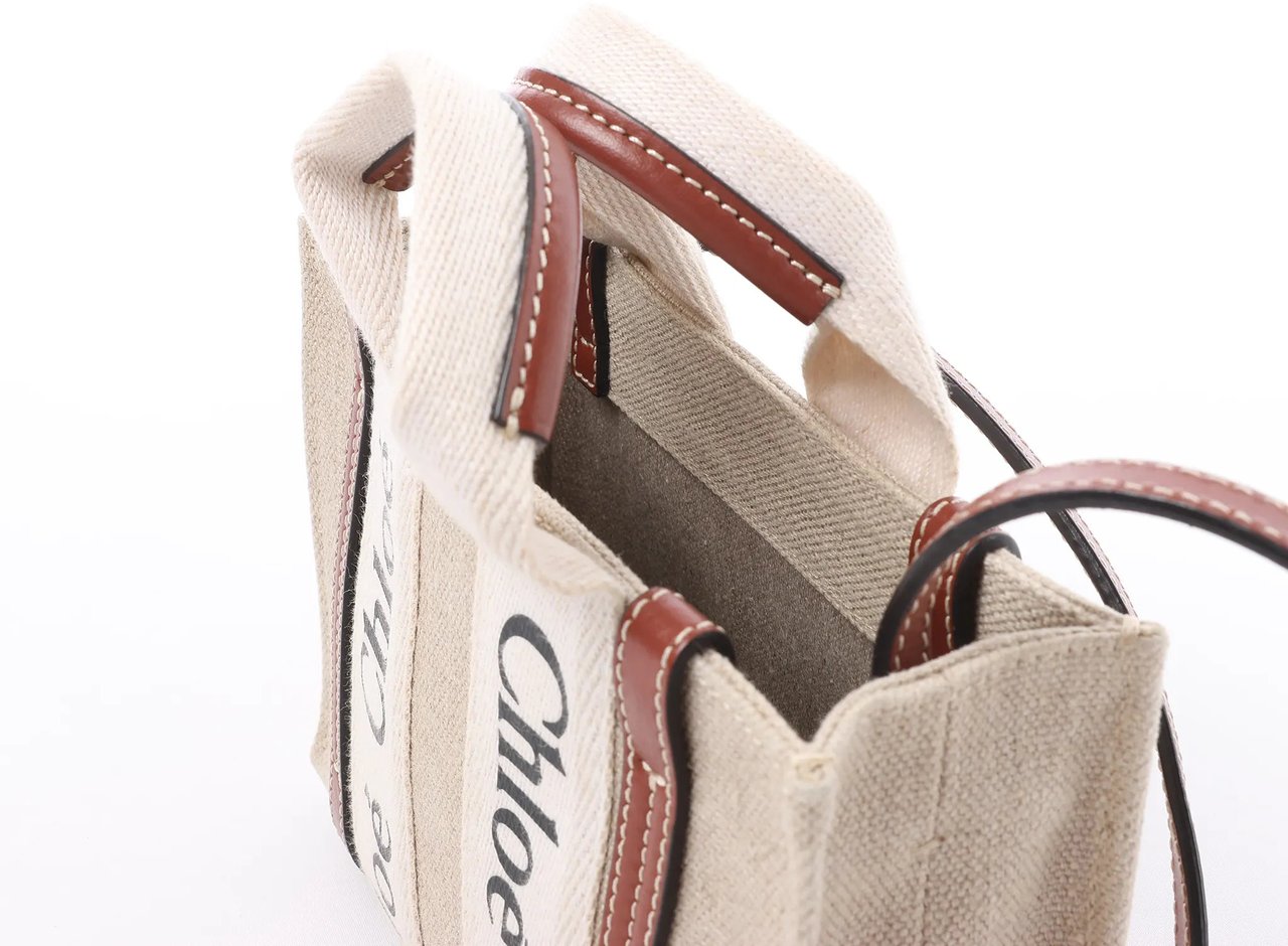 Chloé Woody Nano Canvas & Leather 2Way Handbag in Beige x Brown Divers