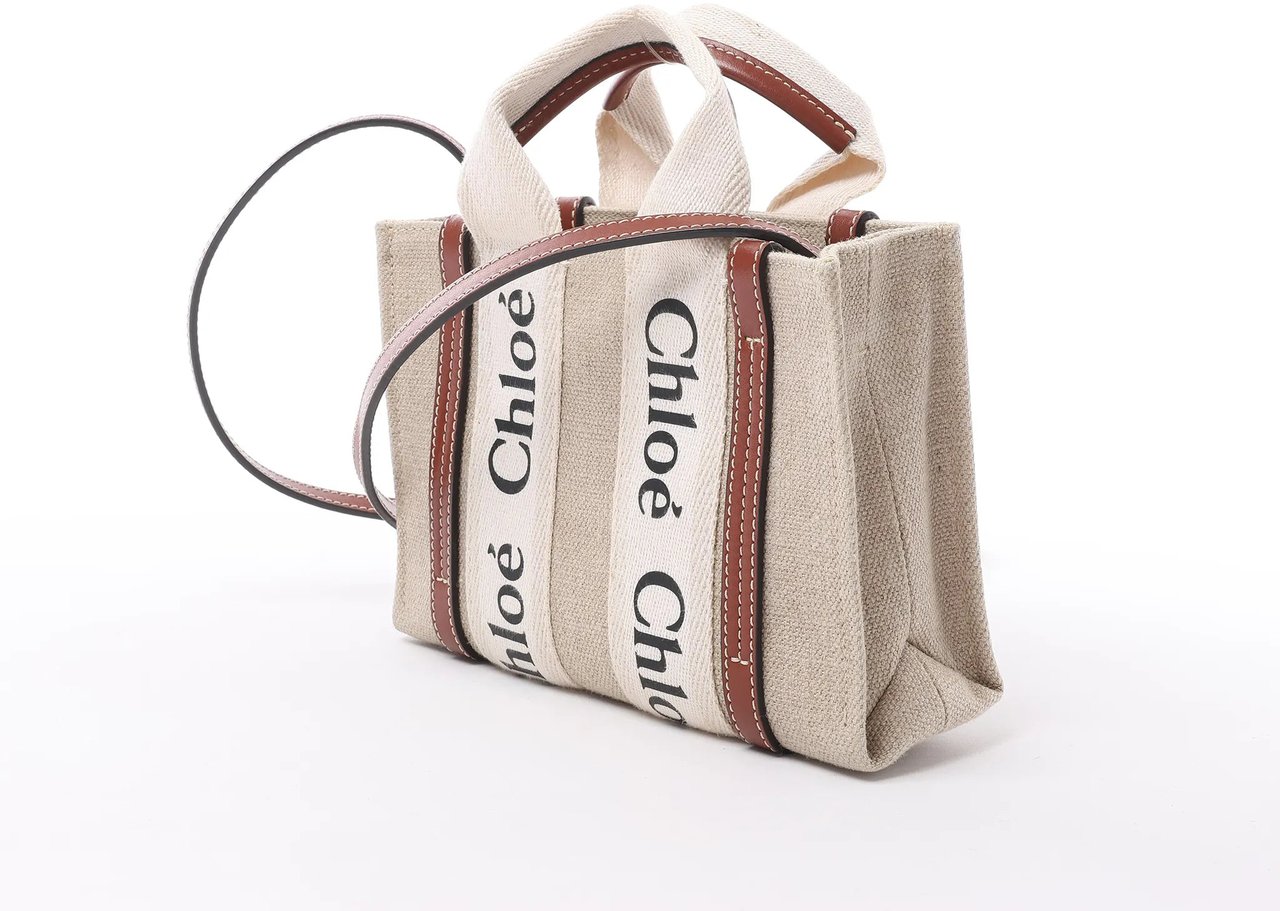 Chloé Woody Nano Canvas & Leather 2Way Handbag in Beige x Brown Divers