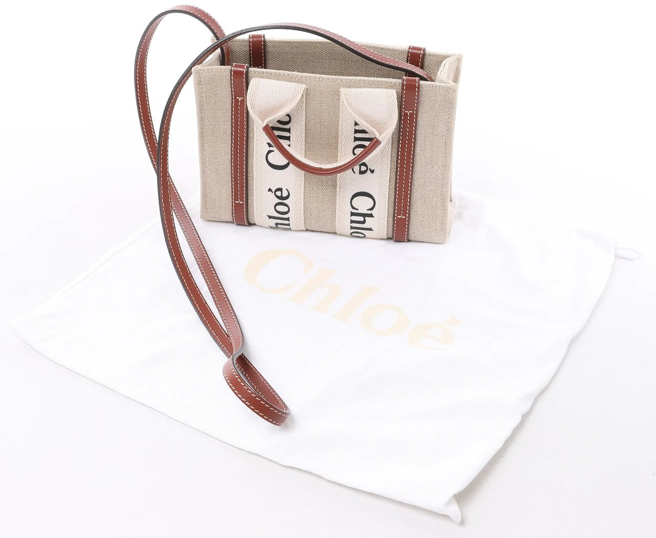 Chloé Woody Nano Canvas & Leather 2Way Handbag in Beige x Brown Divers