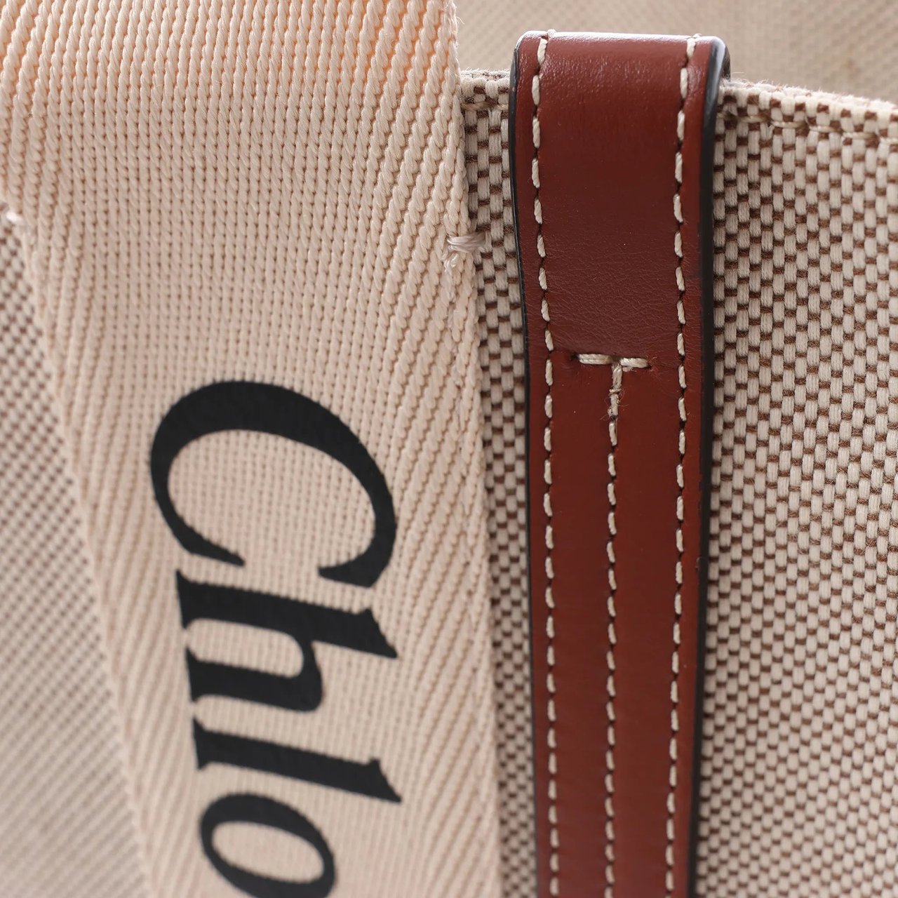 Chloé CHLOE Woody Medium Canvas x Leather Tote Shoulder bag in Beige x Brown Beige